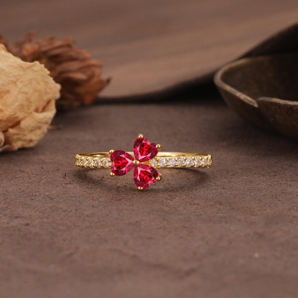 Unique Three-Leaf Clover, 3-Prong Heart Cut Ruby Three-Stone Wedding Ring - Additional view