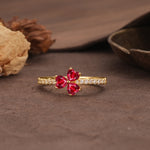 Unique Three-Leaf Clover, 3-Prong Heart Cut Ruby Three-Stone Wedding Ring - Additional view