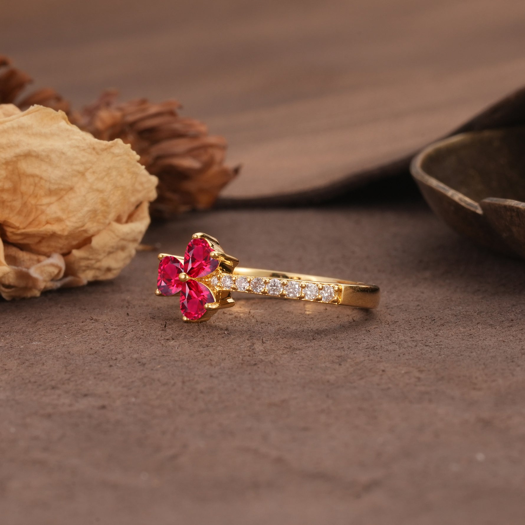Unique Three-Leaf Clover, 3-Prong Heart Cut Ruby Three-Stone Wedding Ring - Additional view