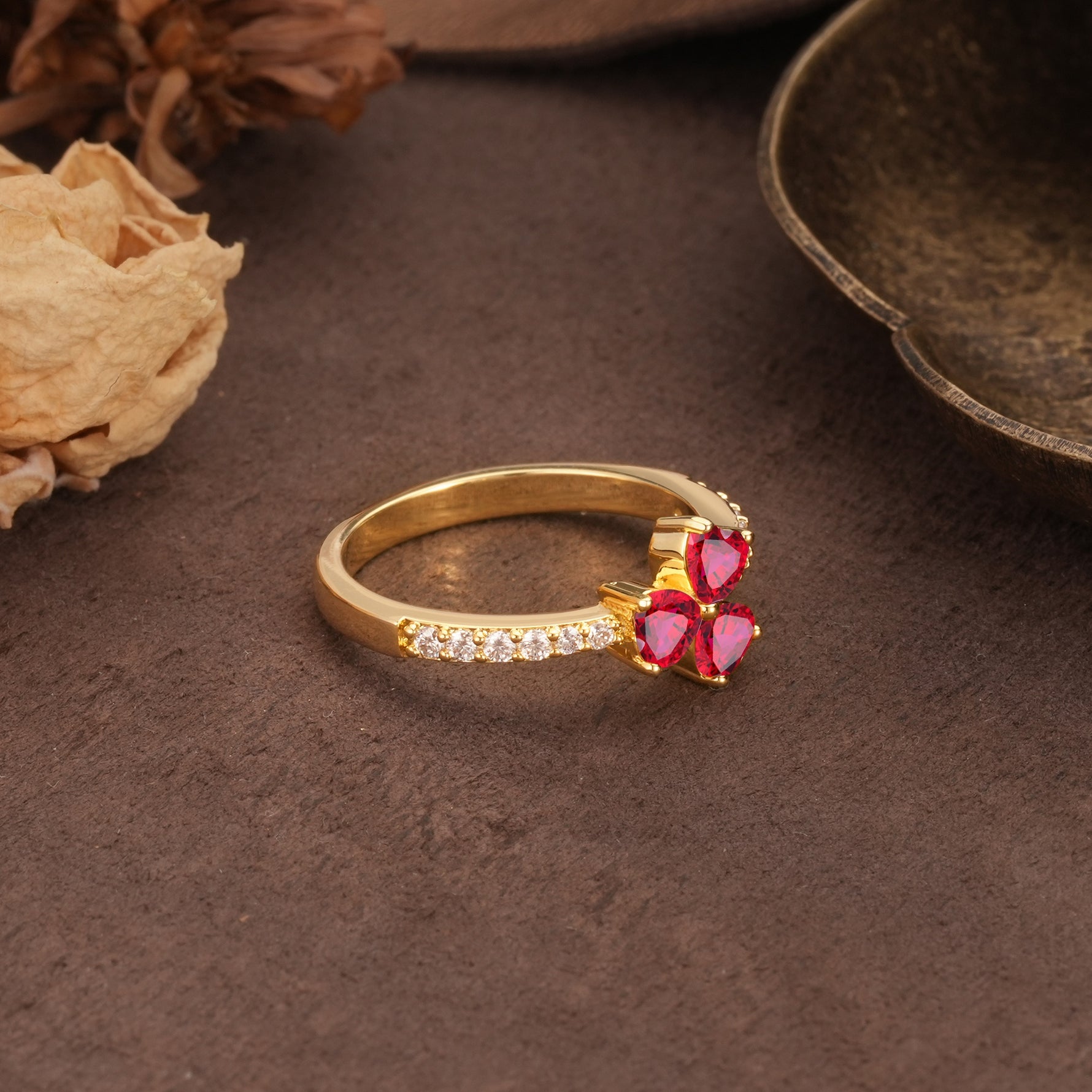Unique Three-Leaf Clover, 3-Prong Heart Cut Ruby Three-Stone Wedding Ring - Additional view