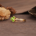Unique Three-Leaf Clover, 3-Prong Heart Cut Peridot Three-Stone Wedding Ring - Additional view