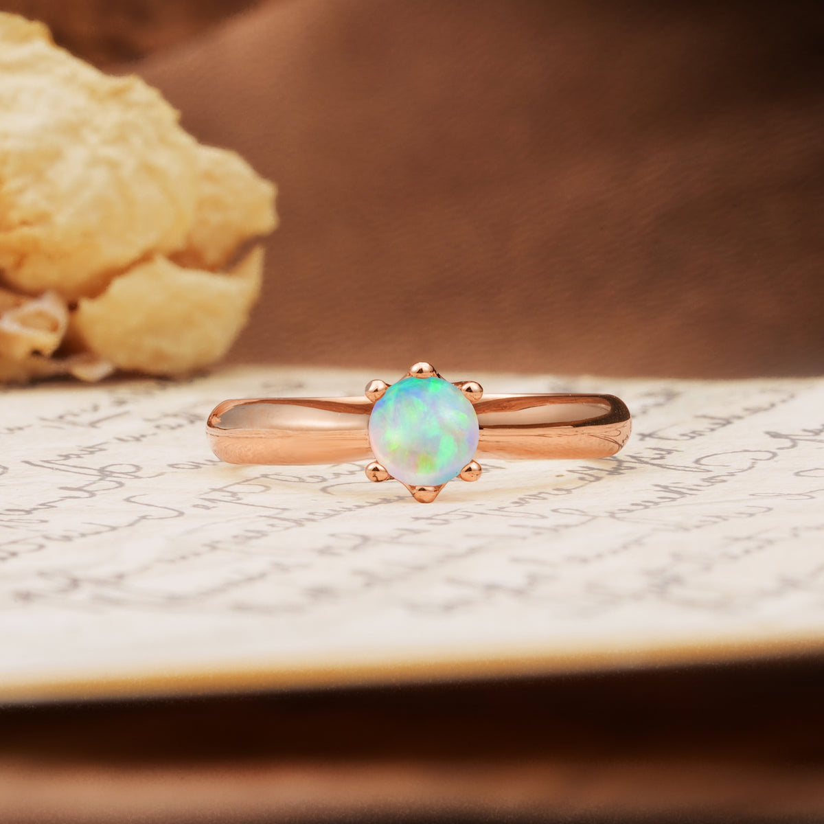 Classic, Minimalist 6-Prong Round Cut Fire Opal Engagement Ring - Additional view