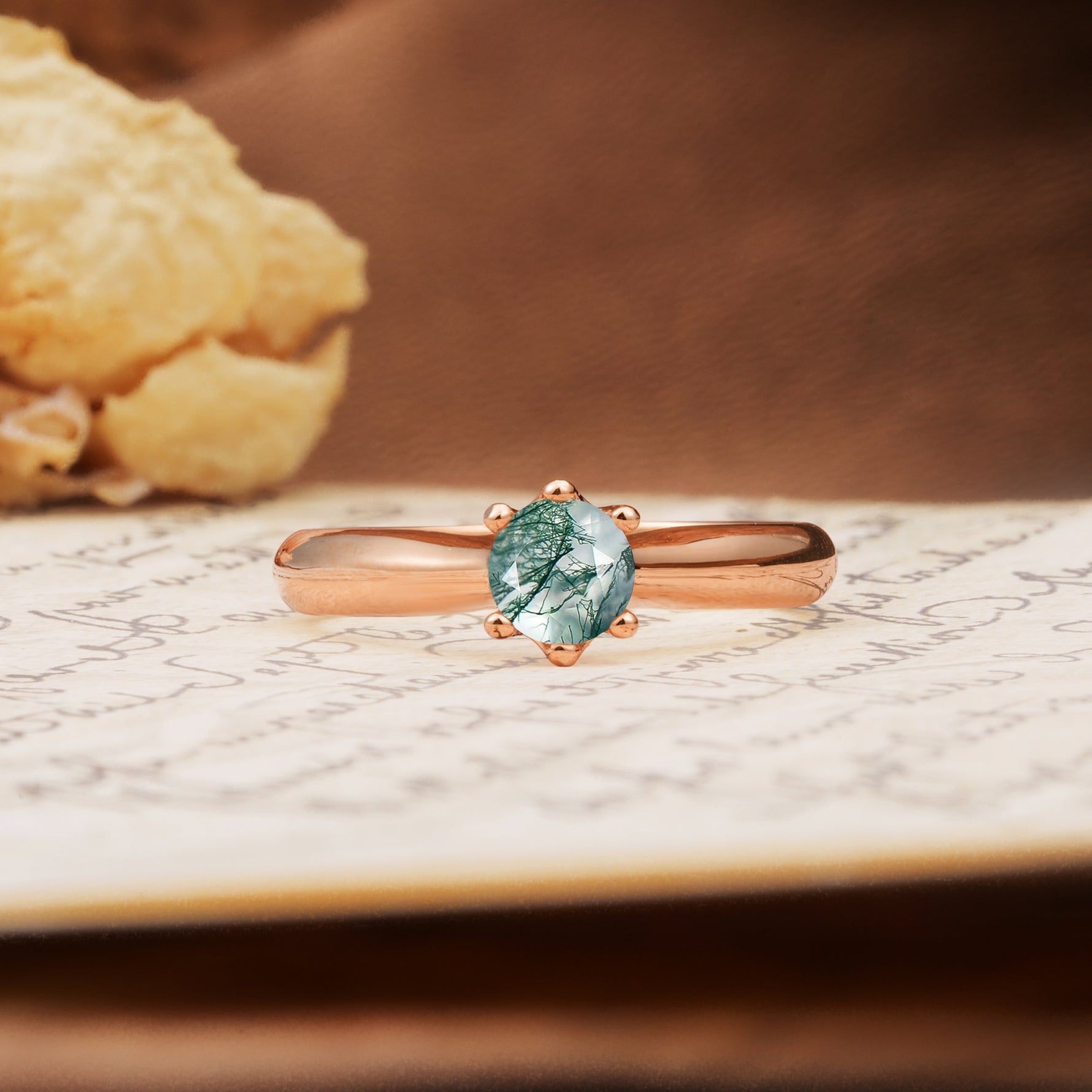 Classic, Minimalist 6-Prong Round Cut Moss Agate Engagement Ring - Additional view