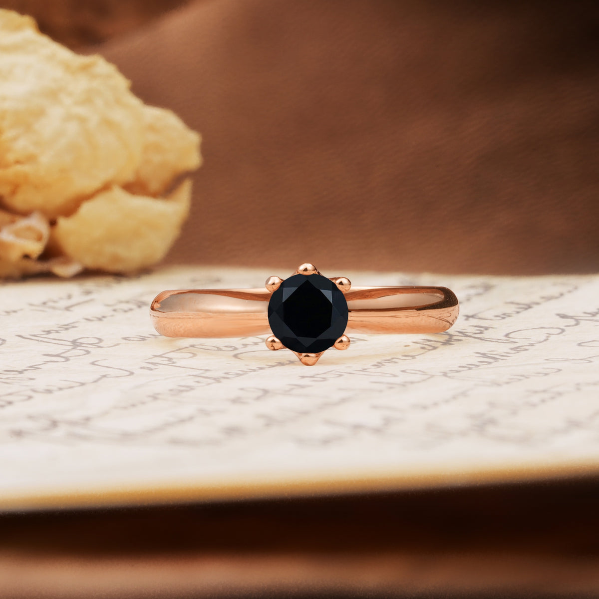 Classic, Minimalist 6-Prong Round Cut Black Onyx Engagement Ring - Additional view