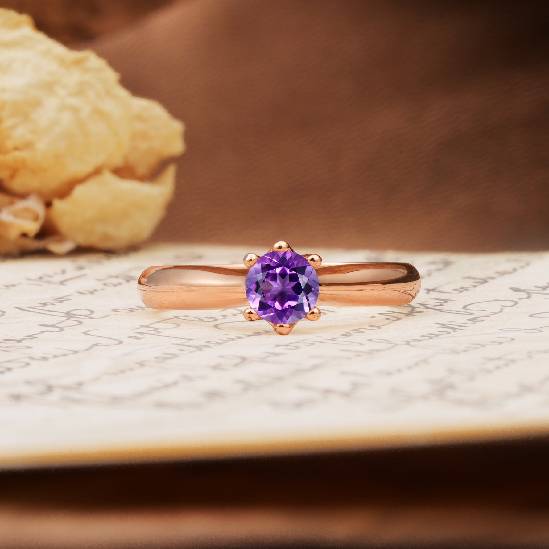 Classic, Minimalist 6-Prong Round Cut Amethyst Engagement Ring - Additional view