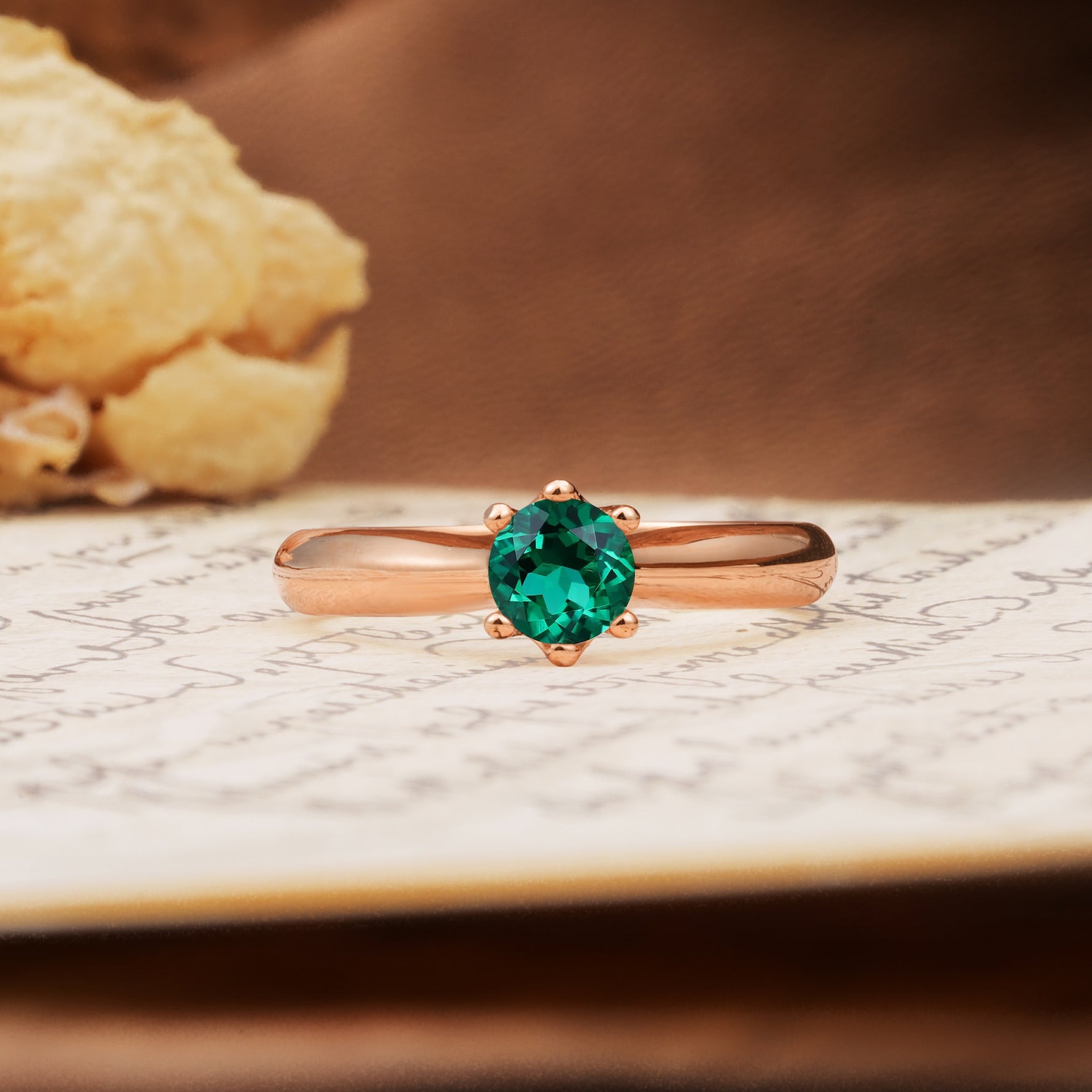 Classic, Minimalist 6-Prong Round Cut Emerald Engagement Ring - Additional view