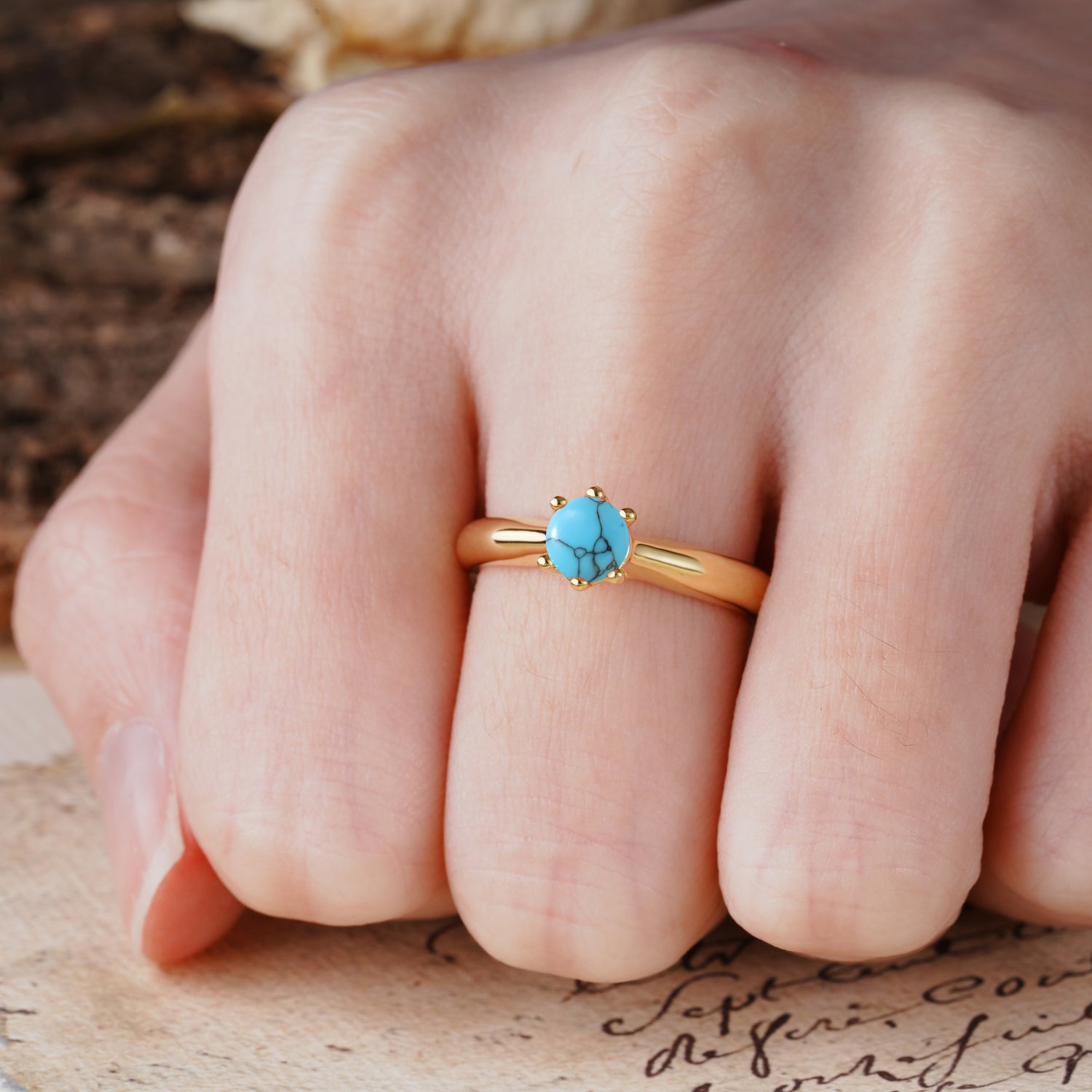 Classic, Minimalist 6-Prong Round Cut Turquoise Engagement Ring