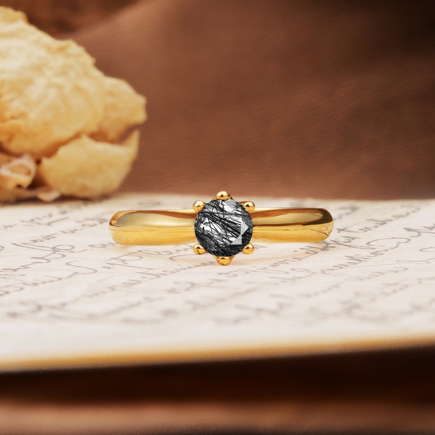 Classic, Minimalist 6-Prong Round Cut Black Rutilated Quartz Engagement Ring
