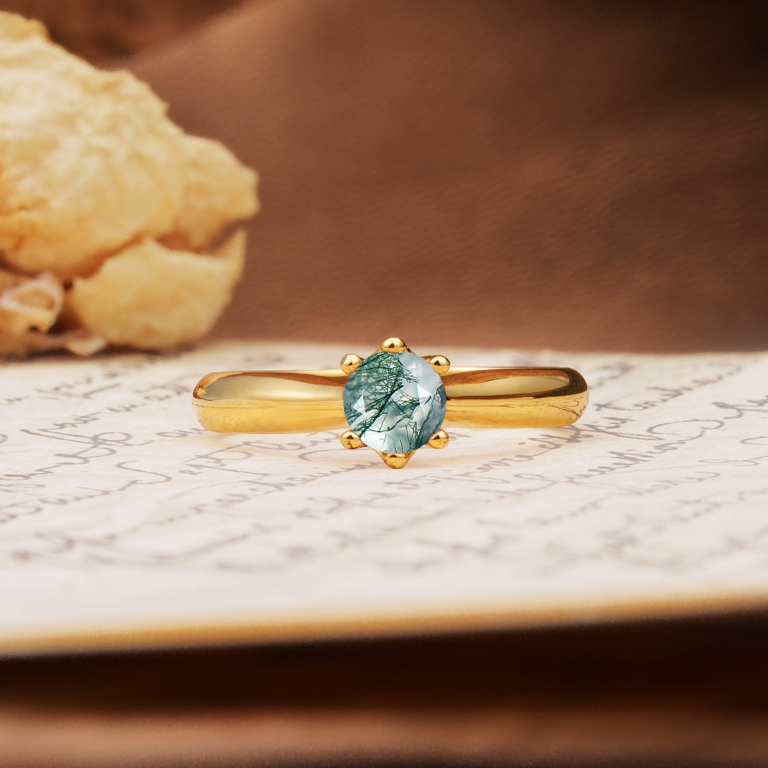 Classic, Minimalist 6-Prong Round Cut Moss Agate Engagement Ring