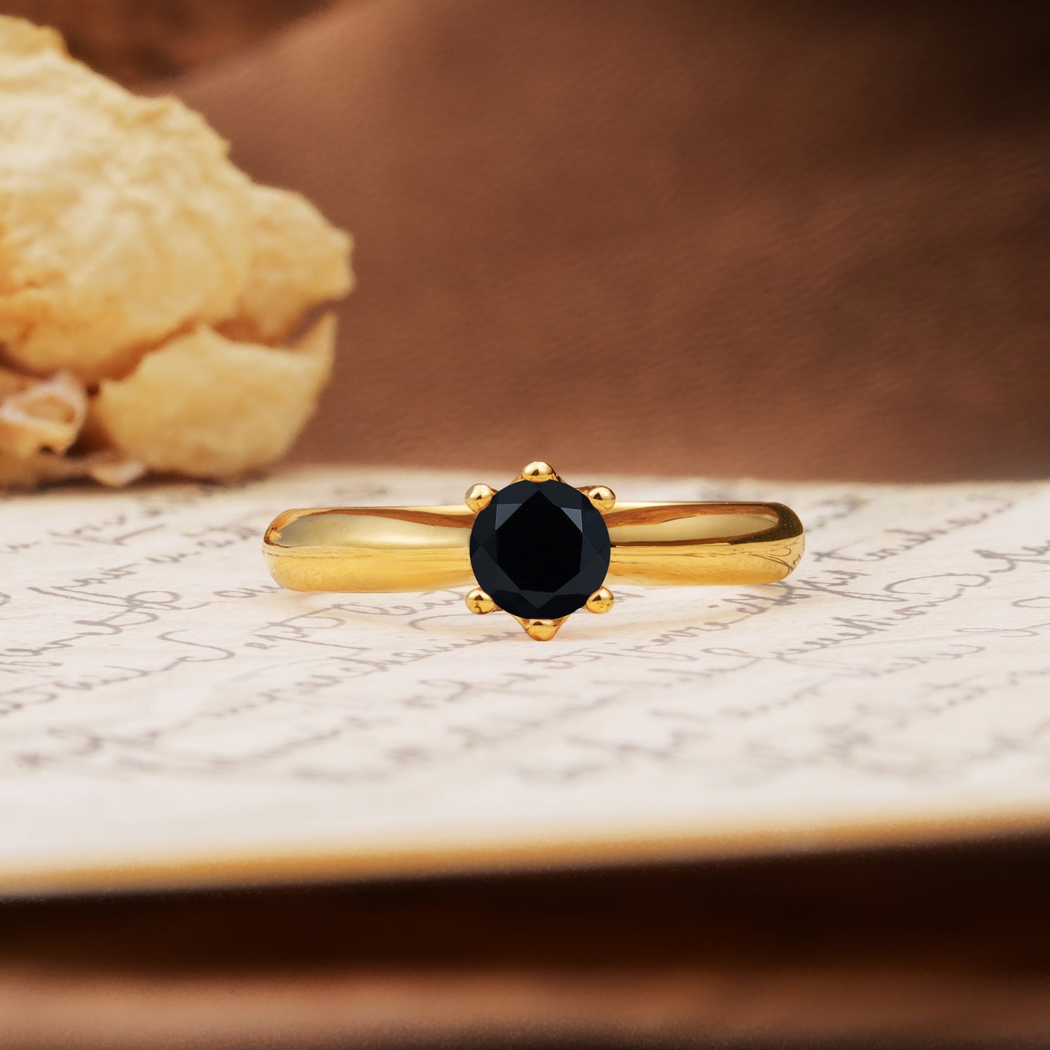 Classic, Minimalist 6-Prong Round Cut Black Onyx Engagement Ring