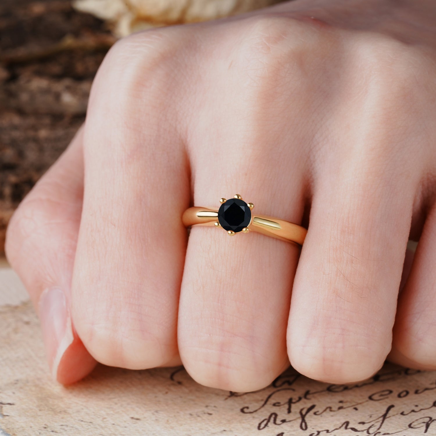 Classic, Minimalist 6-Prong Round Cut Black Onyx Engagement Ring