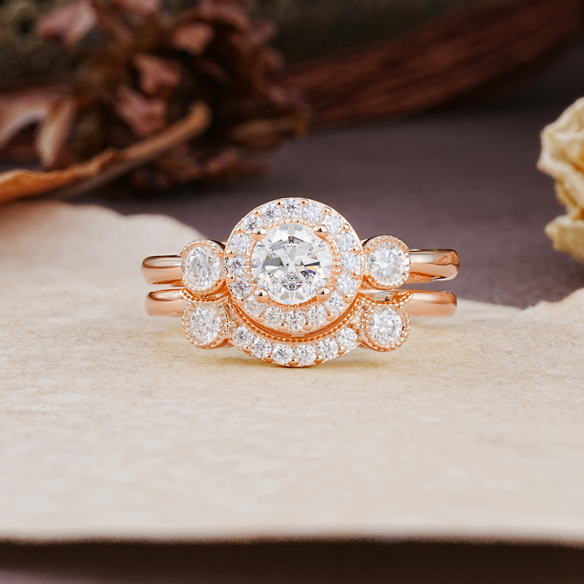 Classic Luxurious 4-Prong Round Cut Moissanite Wedding Bride Ring Set - Additional view
