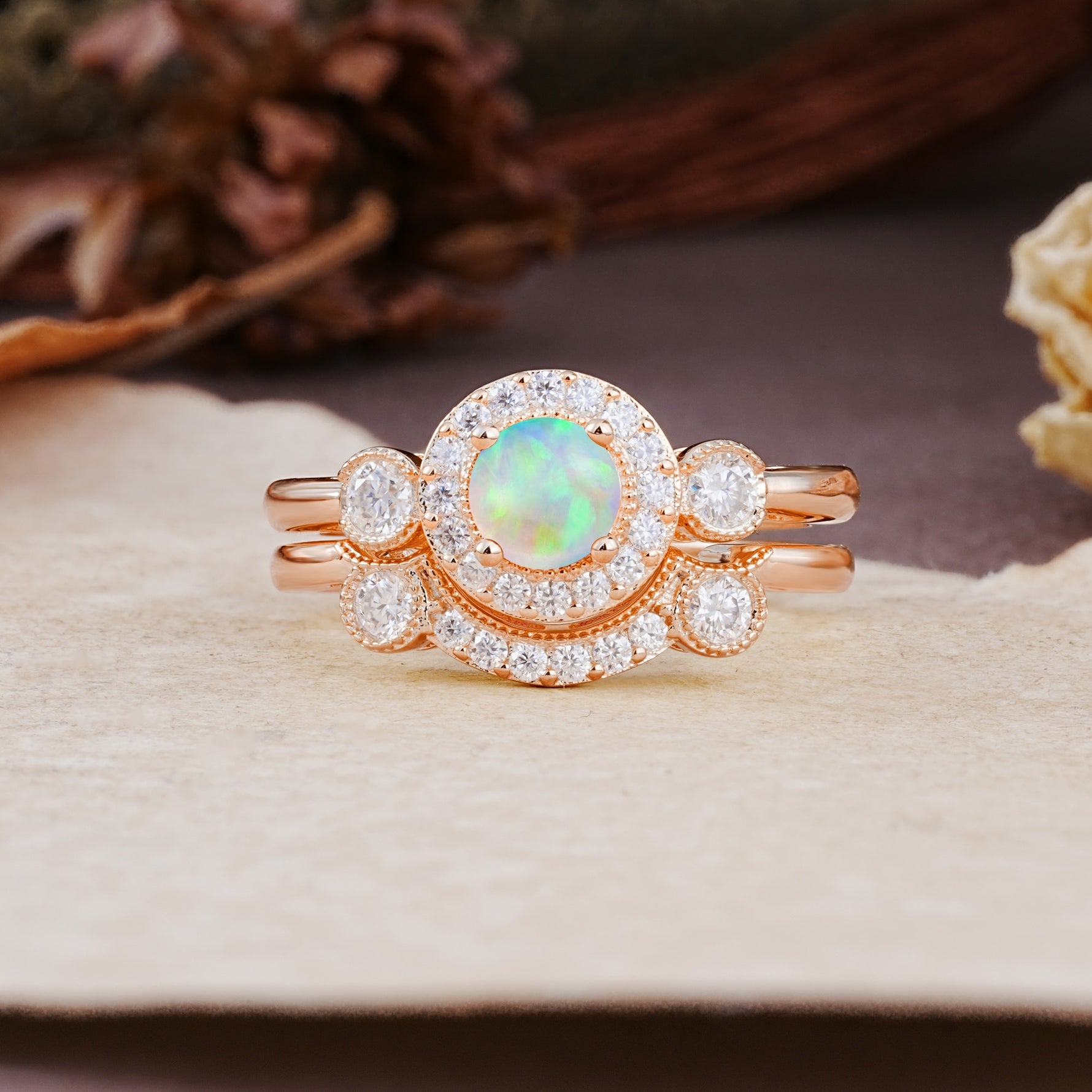 Classic Luxurious 4-Prong Round Cut Fire Opal Wedding Bride Ring Set - Additional view