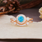 Classic Luxurious 4-Prong Round Cut Turquoise Wedding Bride Ring Set - Additional view