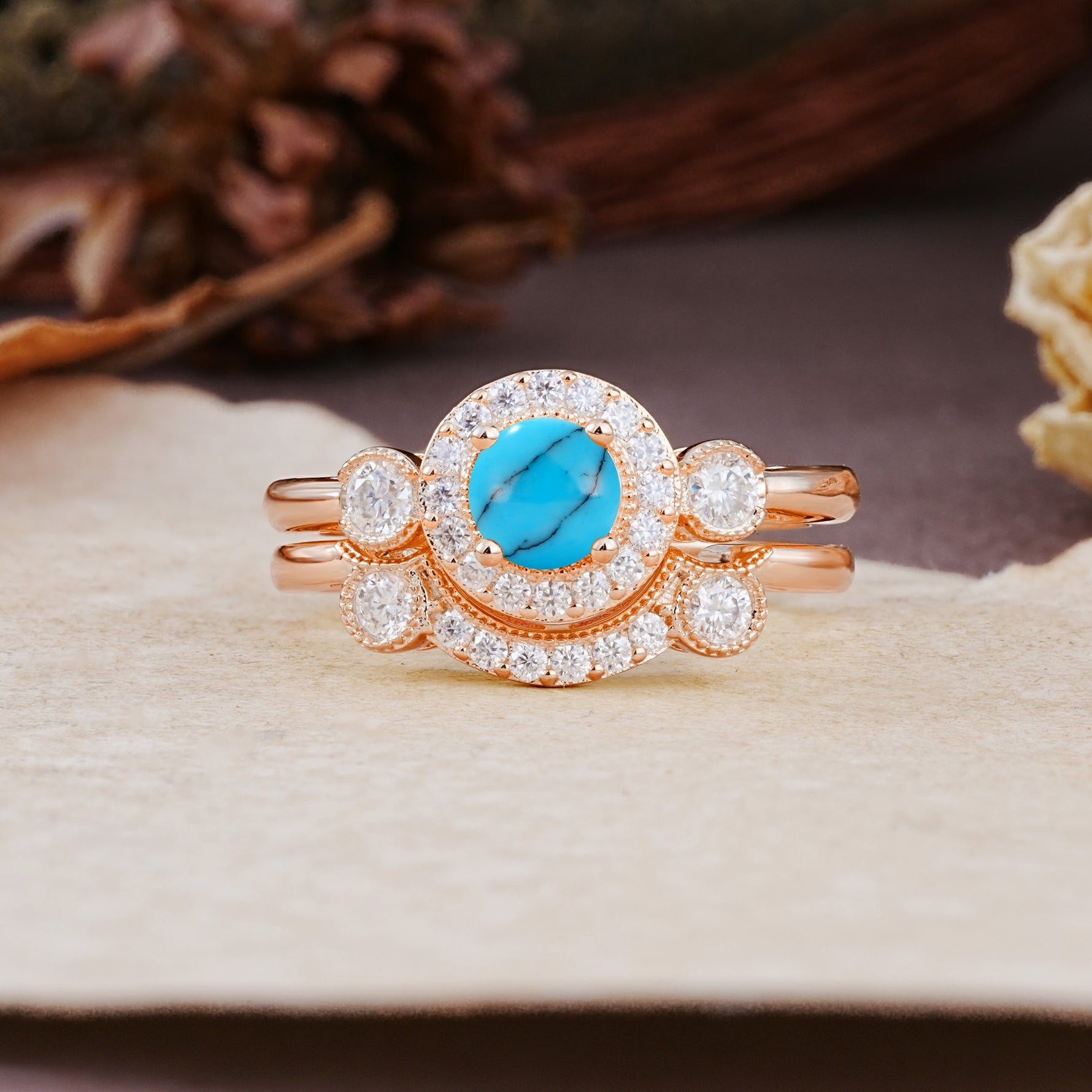Classic Luxurious 4-Prong Round Cut Turquoise Wedding Bride Ring Set - Additional view