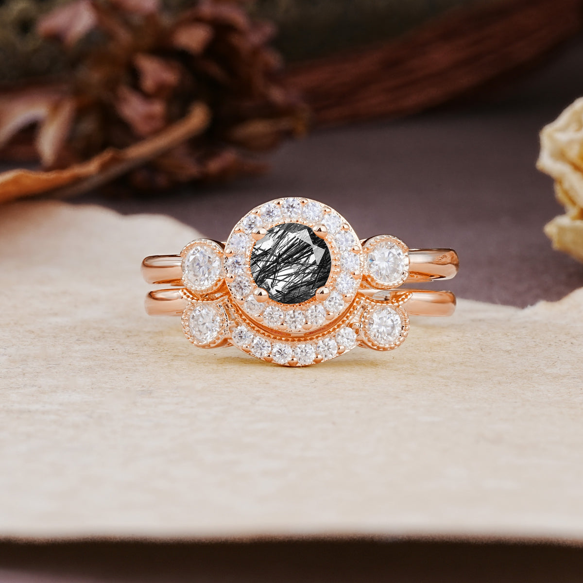 Classic Luxurious 4-Prong Round Cut Black Rutilated Quartz Wedding Bride Ring Set - Additional view