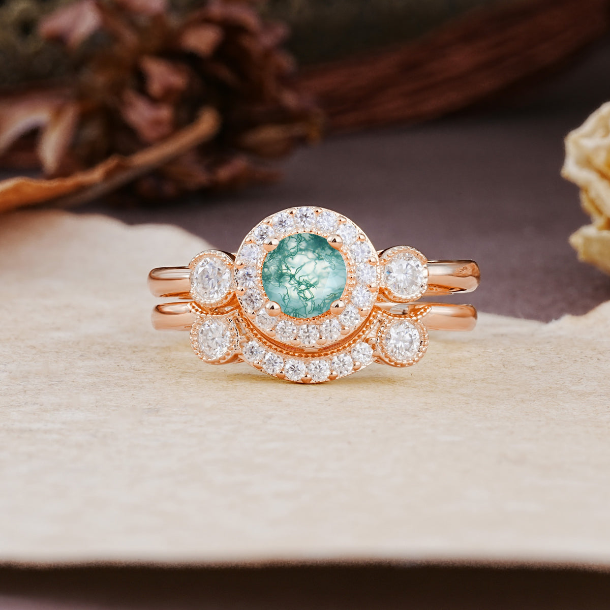 Classic Luxurious 4-Prong Round Cut Moss Agate Wedding Bride Ring Set - Additional view