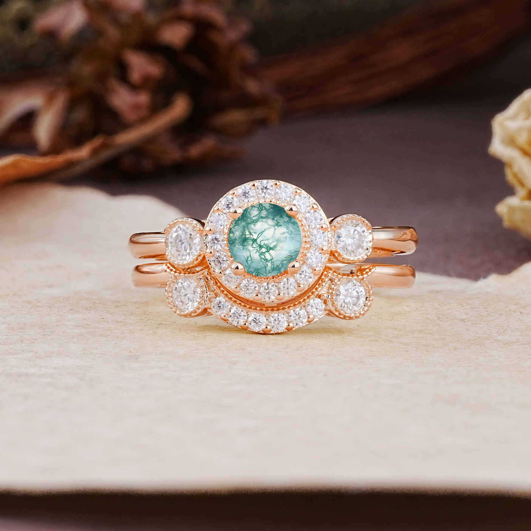 Classic Luxurious 4-Prong Round Cut Moss Agate Wedding Bride Ring Set - Additional view