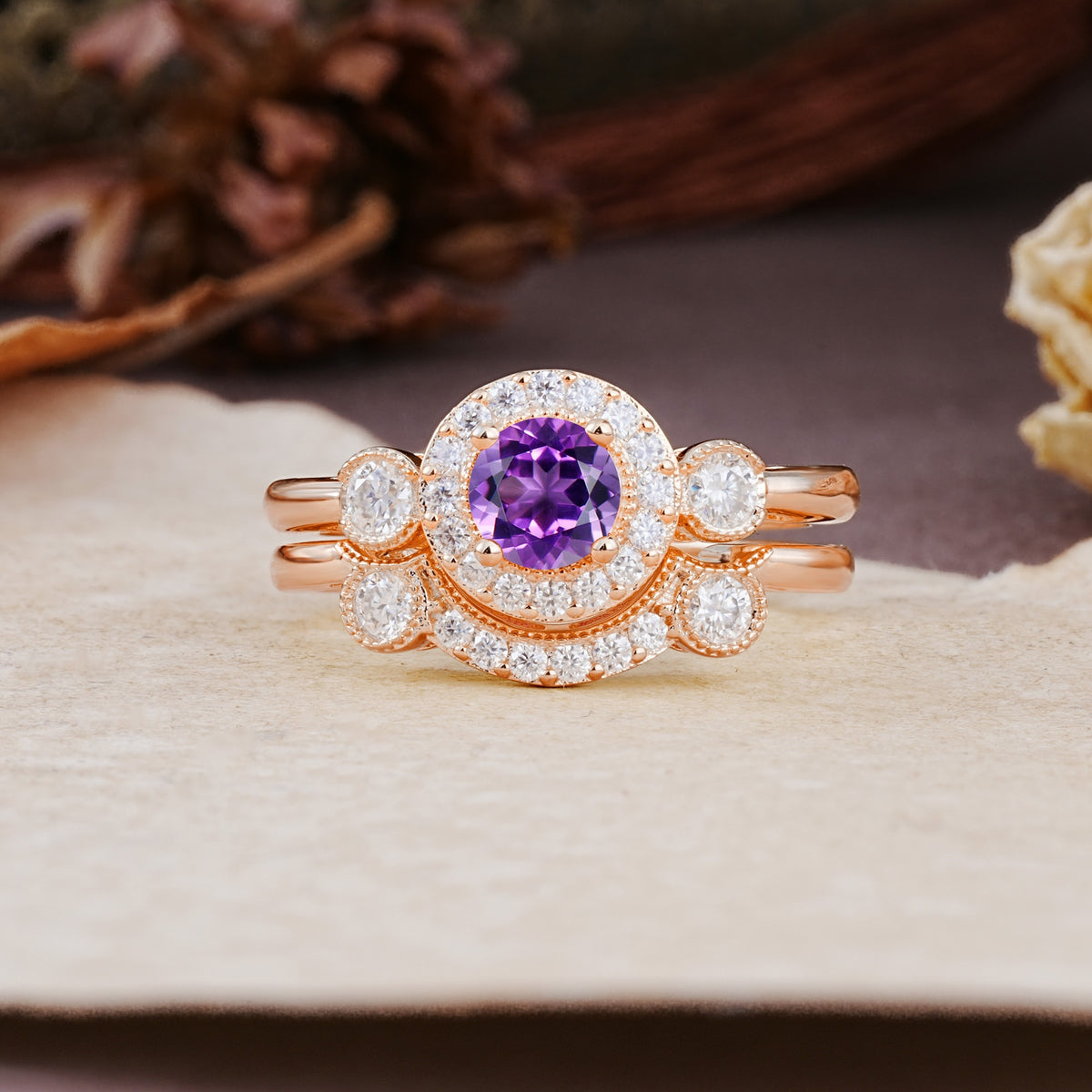 Classic Luxurious 4-Prong Round Cut Amethyst Wedding Bride Ring Set - Additional view