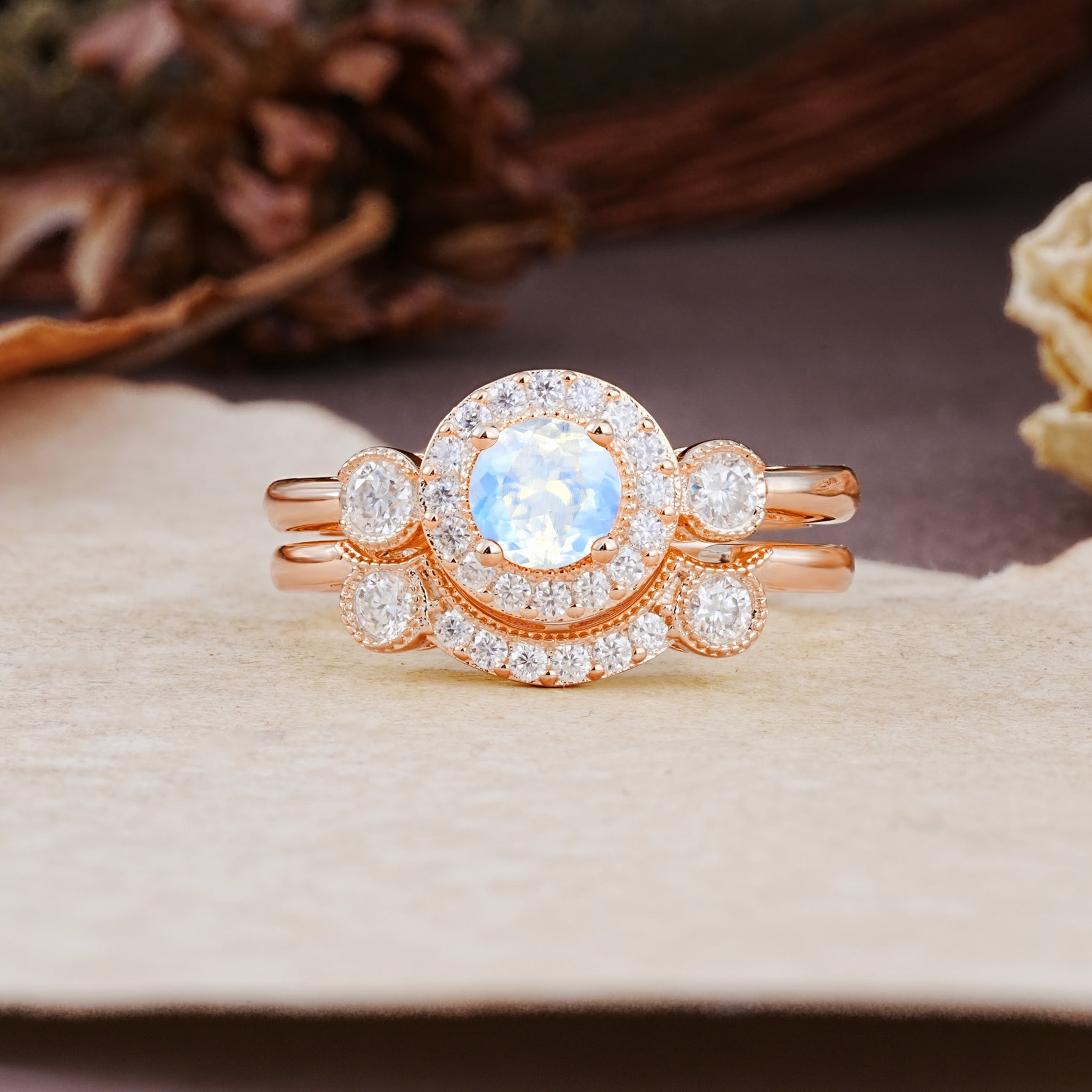 Classic Luxurious 4-Prong Round Cut Moonstone Wedding Bride Ring Set - Additional view