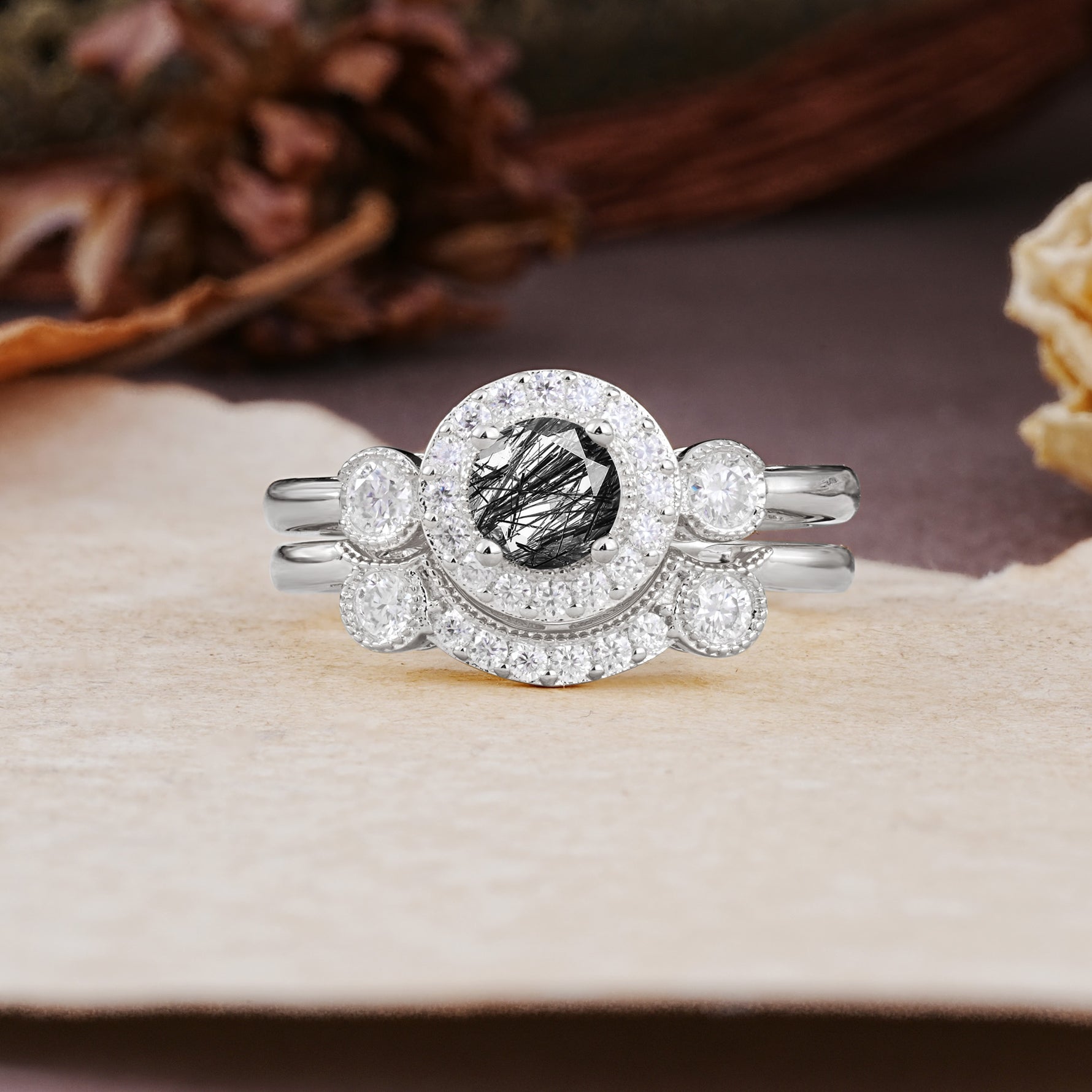 Classic Luxurious 4-Prong Round Cut Black Rutilated Quartz Wedding Bride Ring Set - Additional view