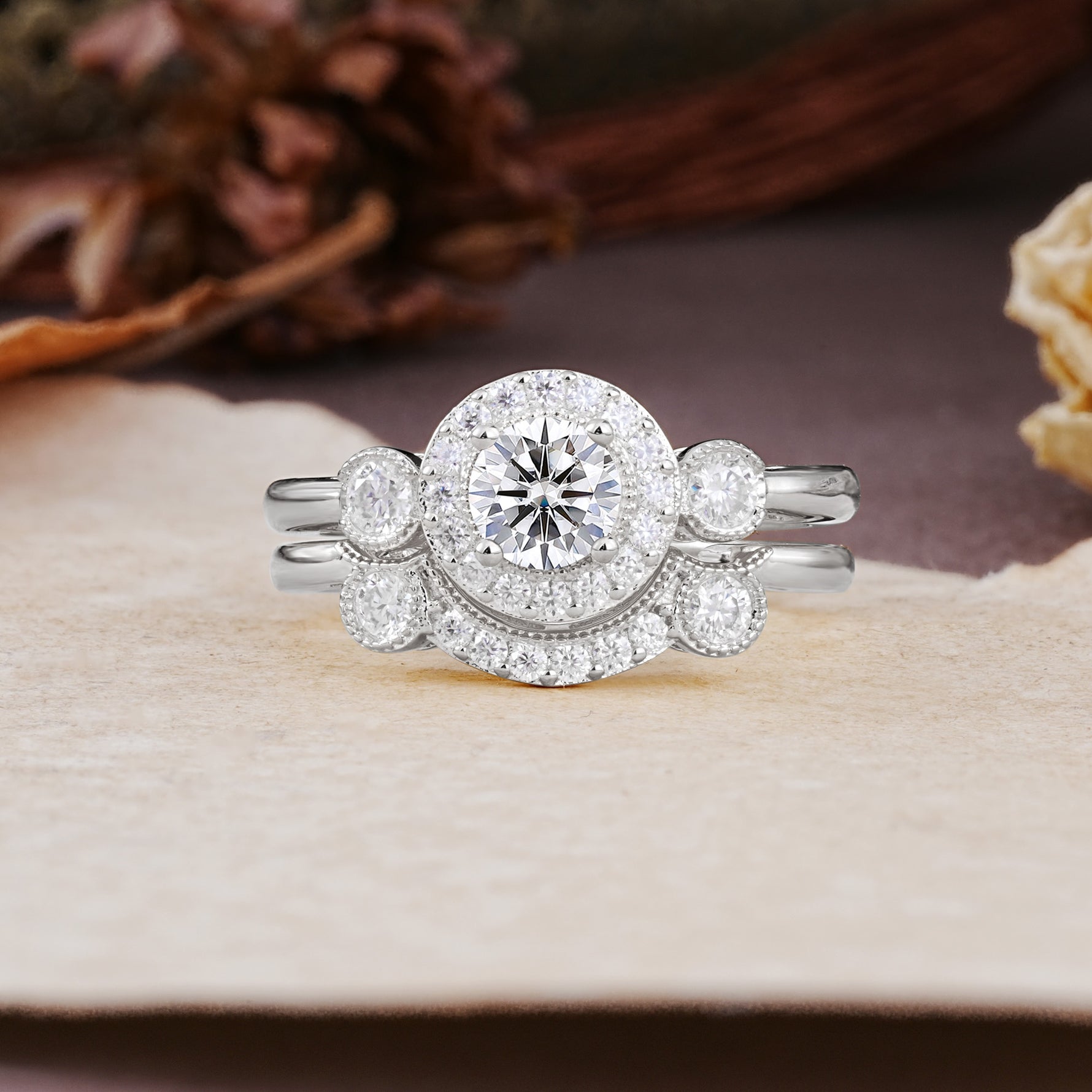 Classic Luxurious 4-Prong Round Cut Lab Diamond Wedding Bride Ring Set - Additional view