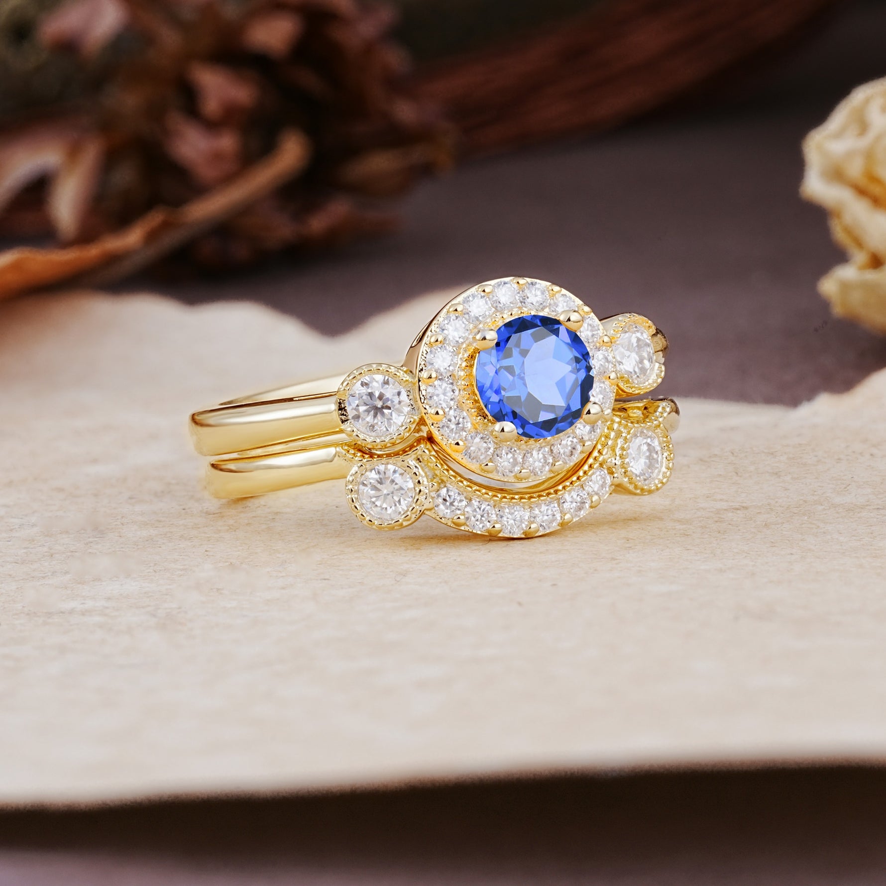 Classic Luxurious 4-Prong Round Cut Sapphire Wedding Bride Ring Set - Additional view