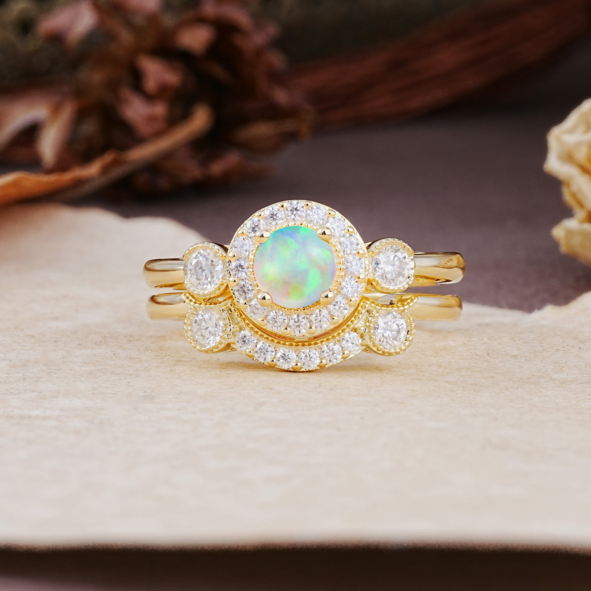 Classic Luxurious 4-Prong Round Cut Fire Opal Wedding Bride Ring Set - Additional view
