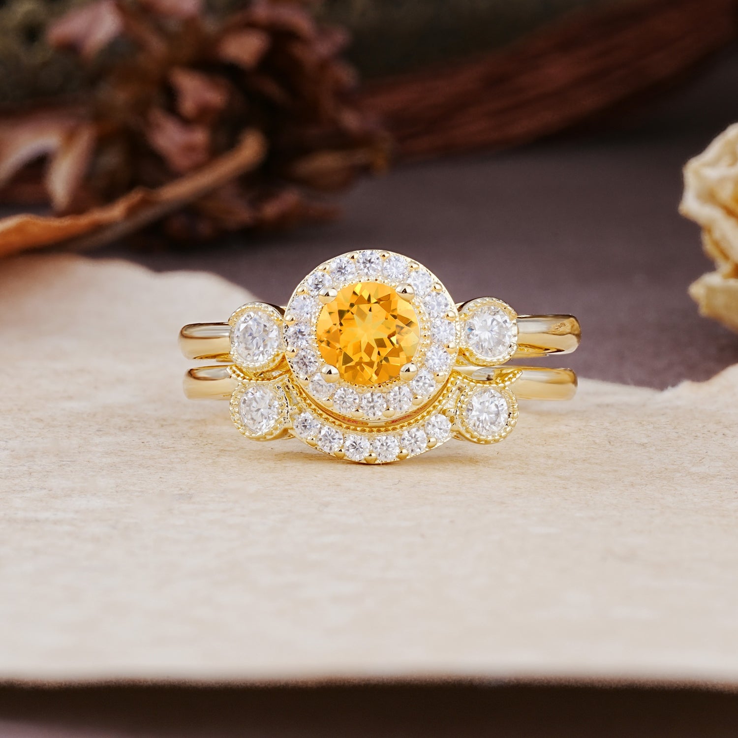 Classic Luxurious 4-Prong Round Cut Citrine Wedding Bride Ring Set - Additional view