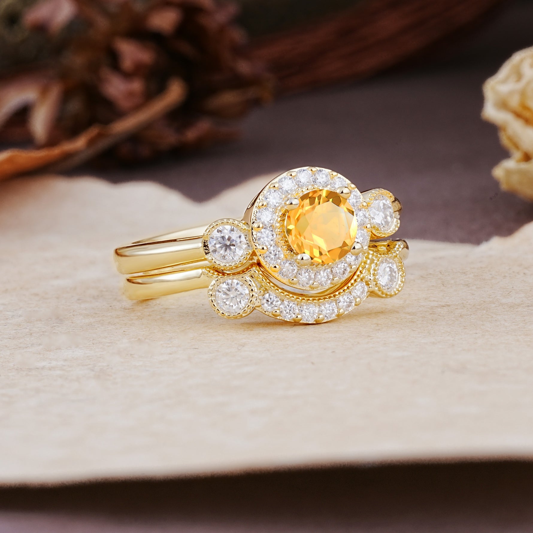 Classic Luxurious 4-Prong Round Cut Citrine Wedding Bride Ring Set - Additional view