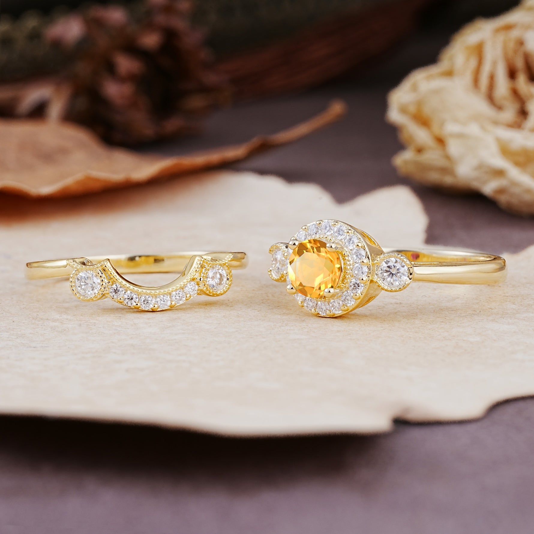 Classic Luxurious 4-Prong Round Cut Citrine Wedding Bride Ring Set - Additional view