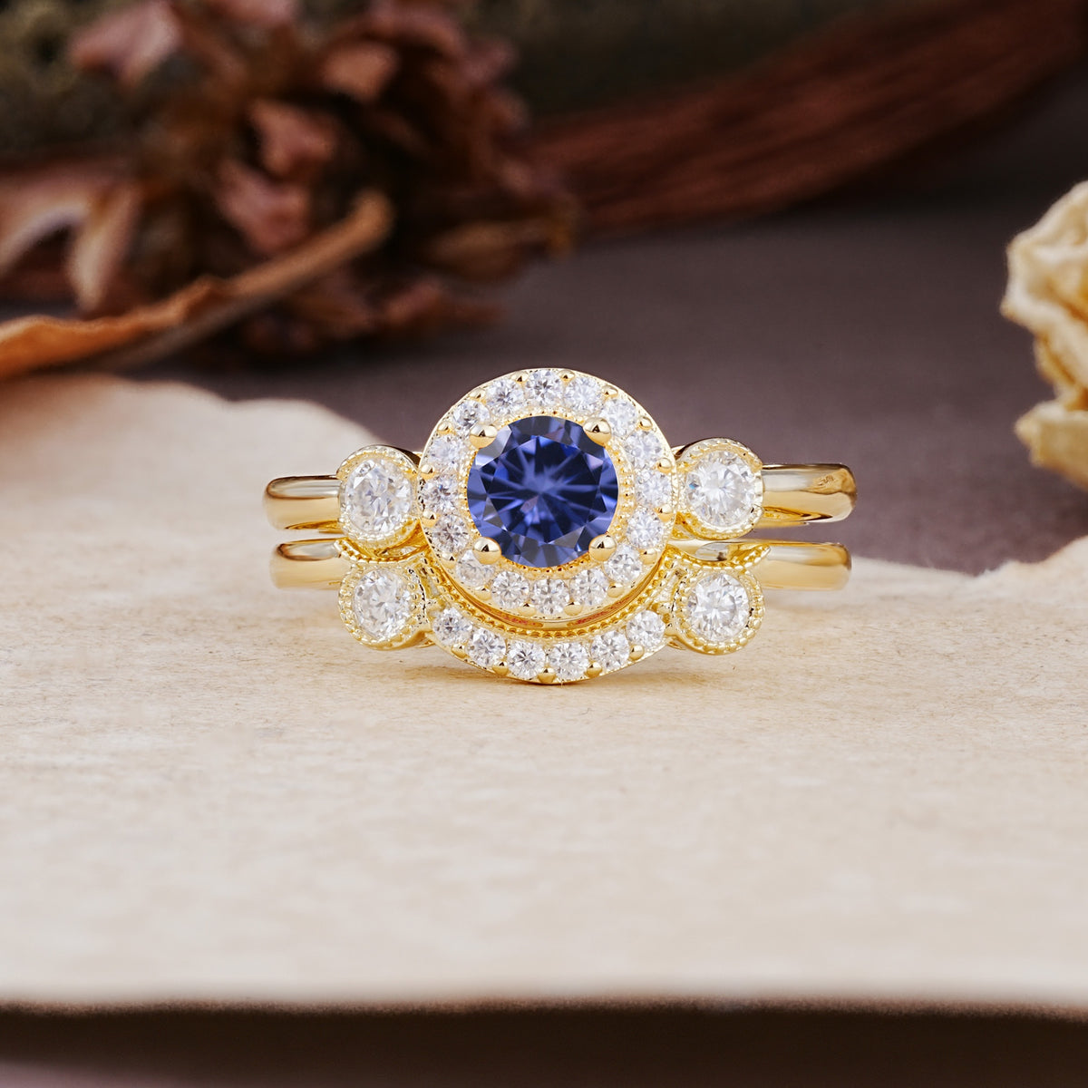 Classic Luxurious 4-Prong Round Cut Tanzanite Wedding Bride Ring Set - Additional view