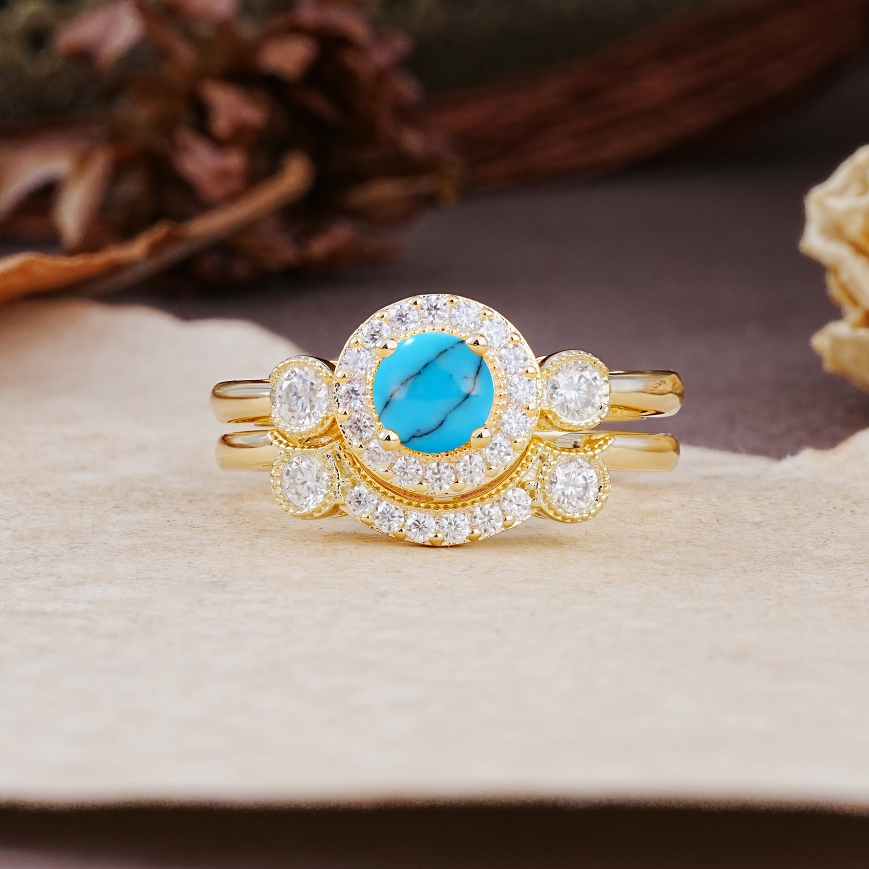 Classic Luxurious 4-Prong Round Cut Turquoise Wedding Bride Ring Set - Additional view