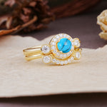 Classic Luxurious 4-Prong Round Cut Turquoise Wedding Bride Ring Set - Additional view