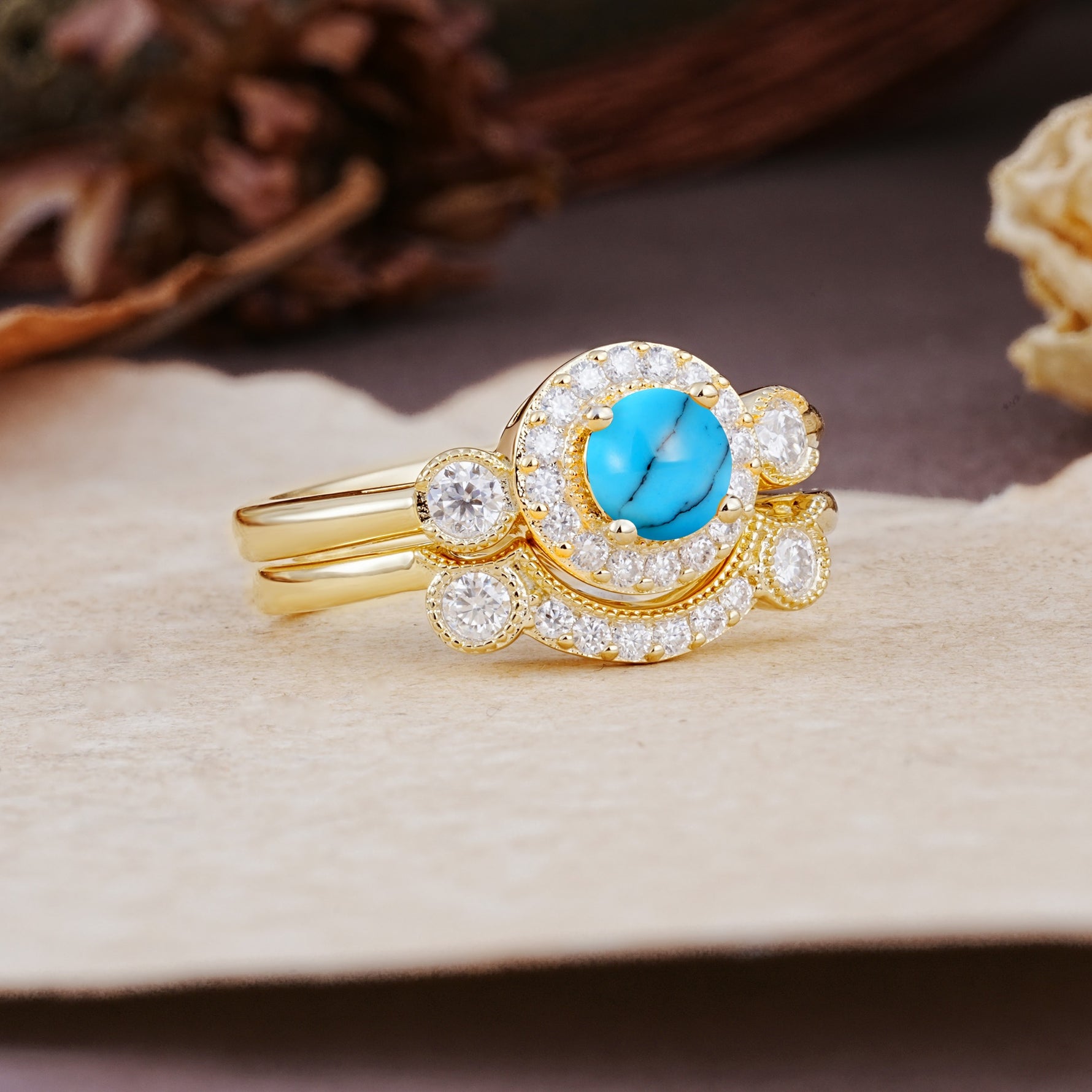 Classic Luxurious 4-Prong Round Cut Turquoise Wedding Bride Ring Set - Additional view