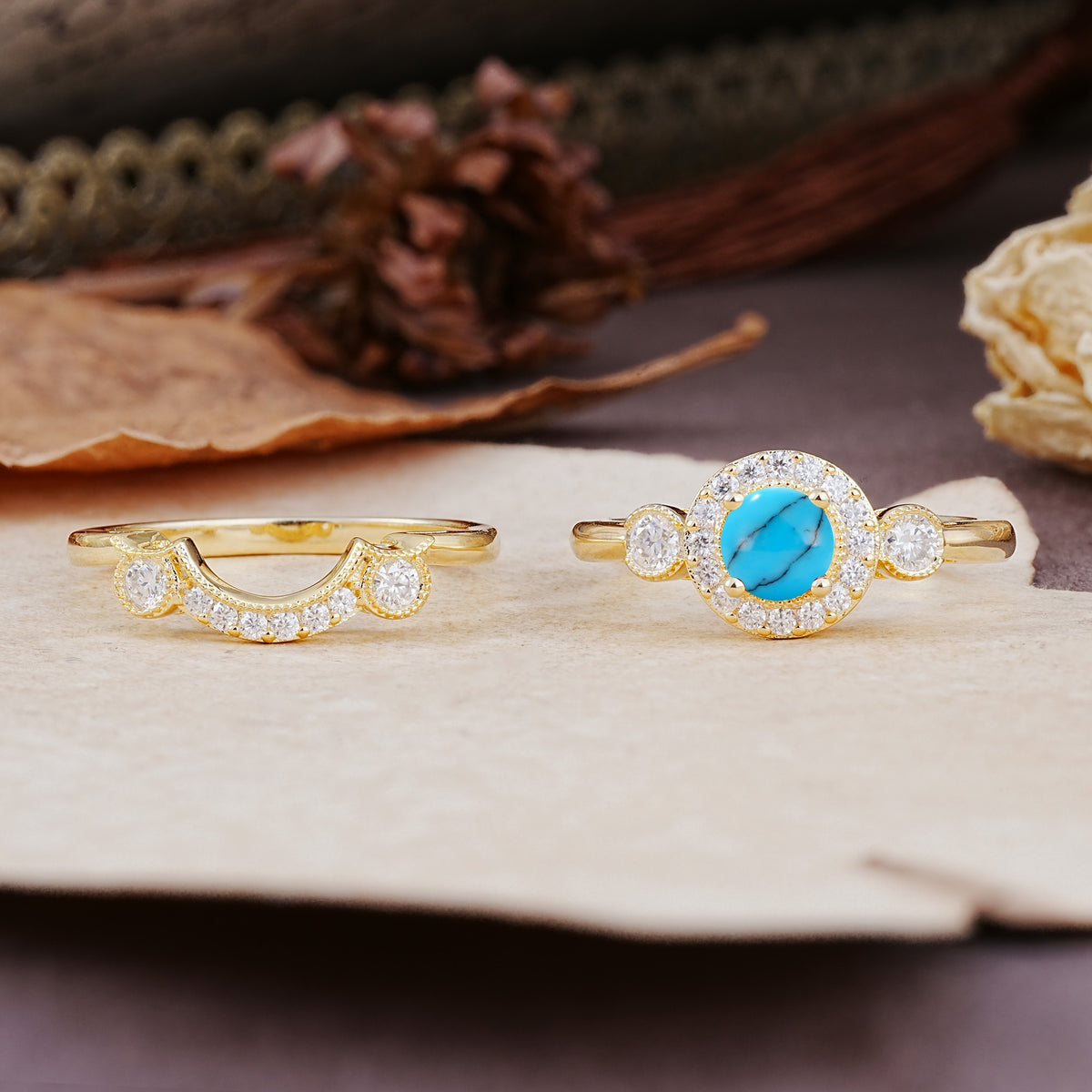 Classic Luxurious 4-Prong Round Cut Turquoise Wedding Bride Ring Set - Additional view