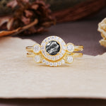 Classic Luxurious 4-Prong Round Cut Black Rutilated Quartz Wedding Bride Ring Set - Additional view