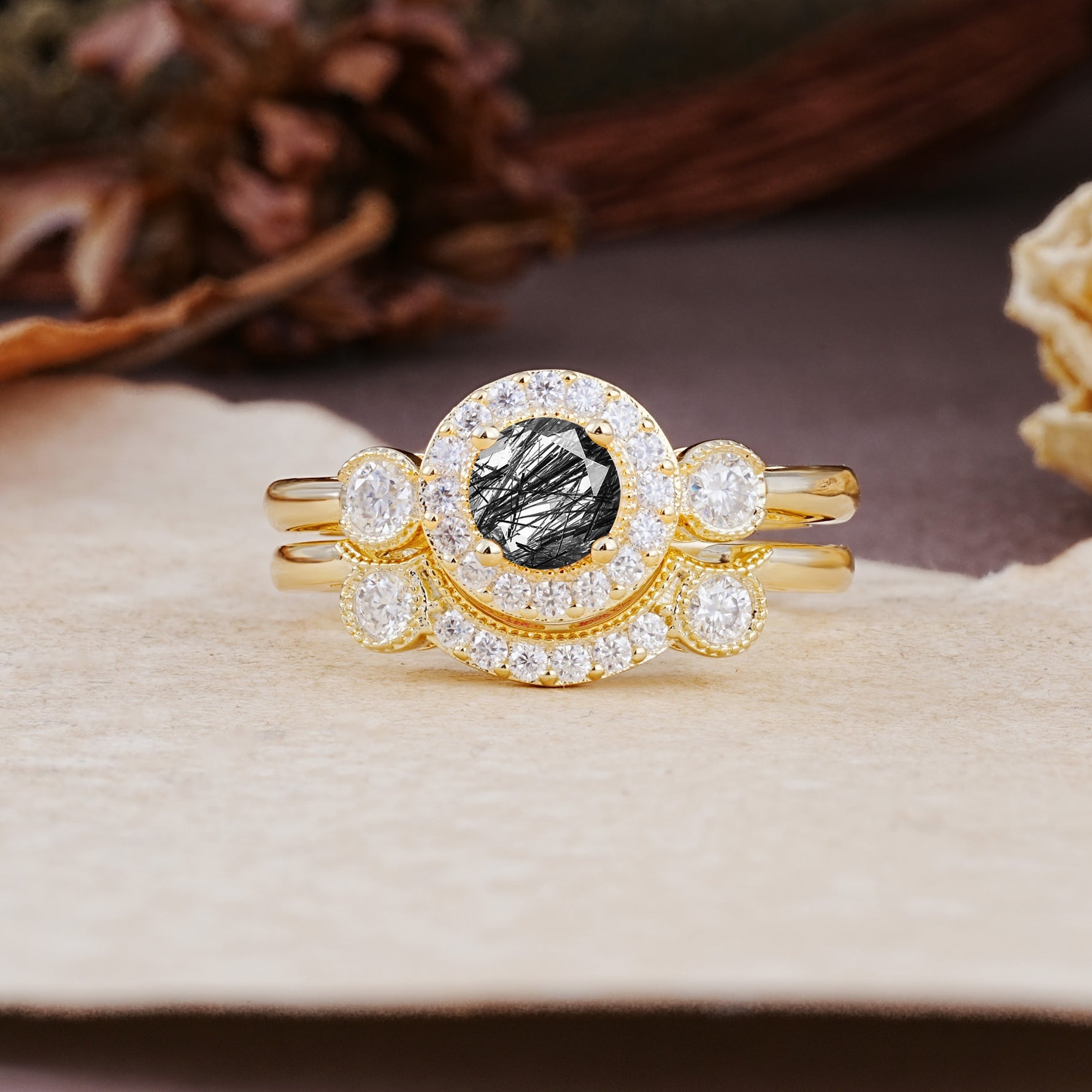 Classic Luxurious 4-Prong Round Cut Black Rutilated Quartz Wedding Bride Ring Set - Additional view