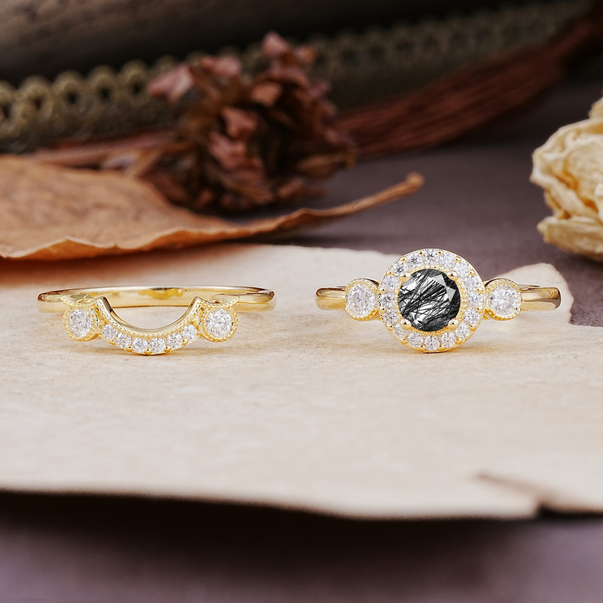 Classic Luxurious 4-Prong Round Cut Black Rutilated Quartz Wedding Bride Ring Set - Additional view