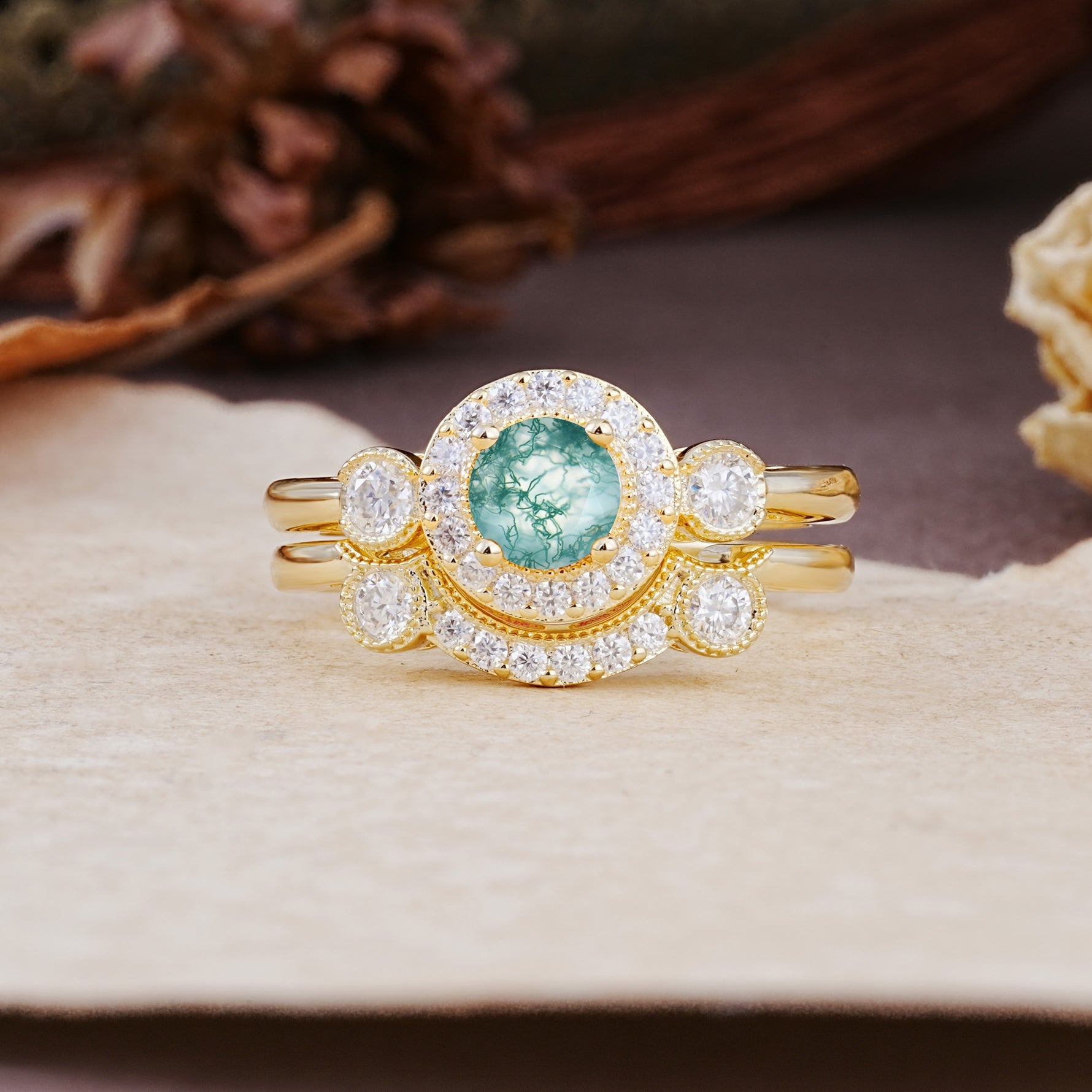 Classic Luxurious 4-Prong Round Cut Moss Agate Wedding Bride Ring Set - Additional view