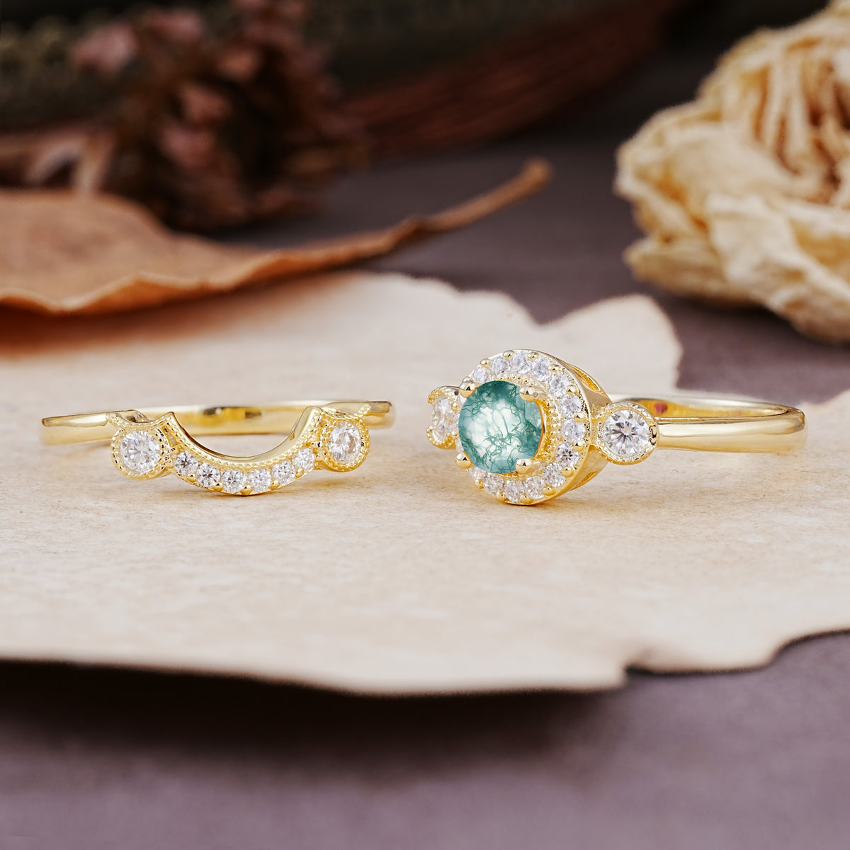 Classic Luxurious 4-Prong Round Cut Moss Agate Wedding Bride Ring Set - Additional view