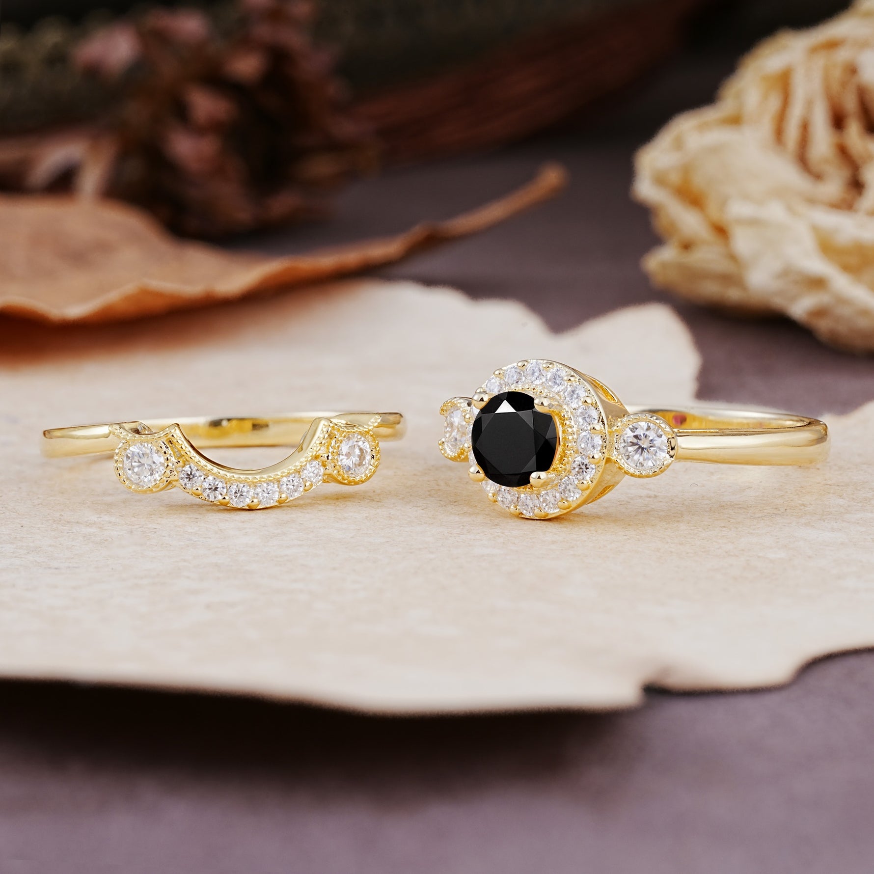 Classic Luxurious 4-Prong Round Cut Black Onyx Wedding Bride Ring Set - Additional view