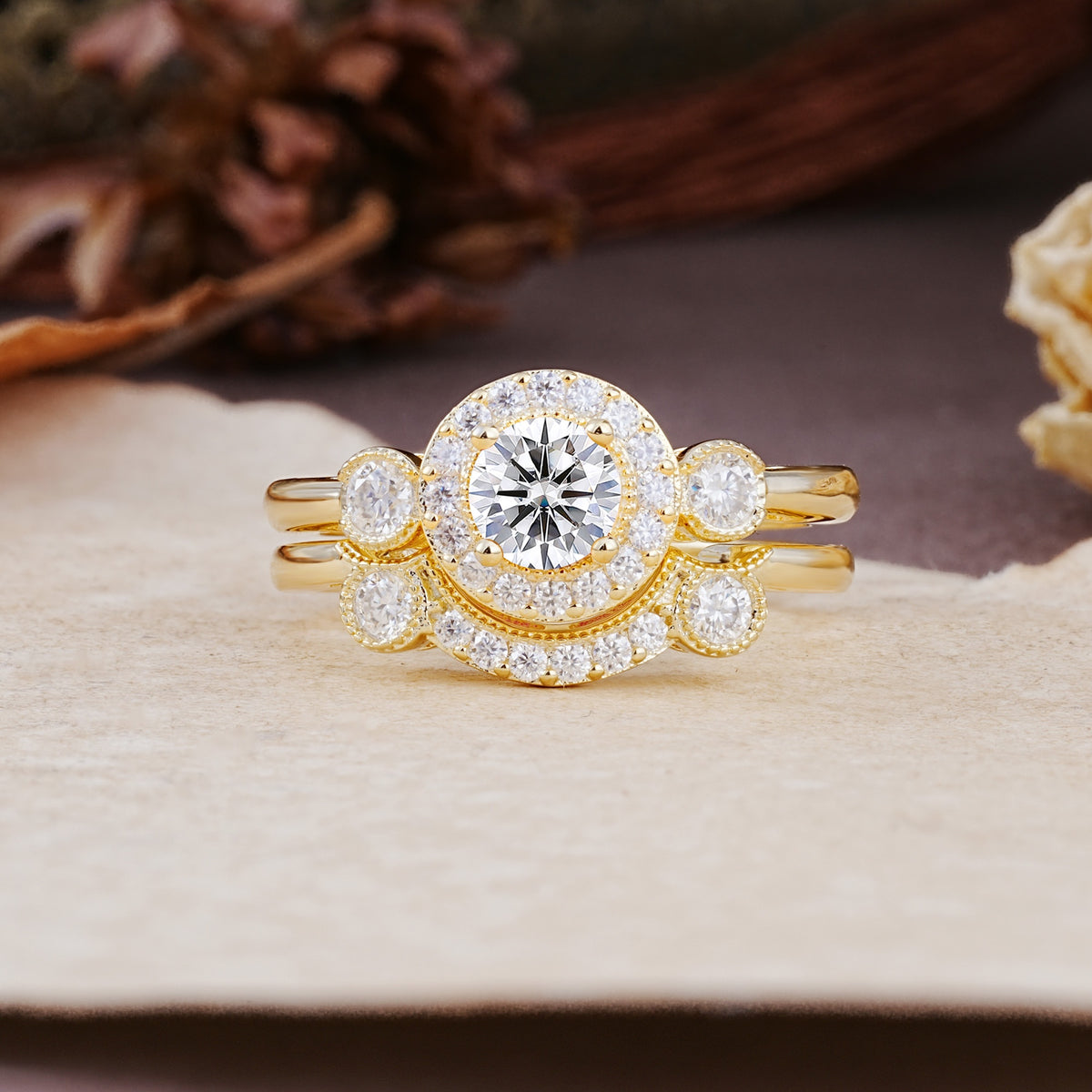 Classic Luxurious 4-Prong Round Cut Lab Diamond Wedding Bride Ring Set - Additional view