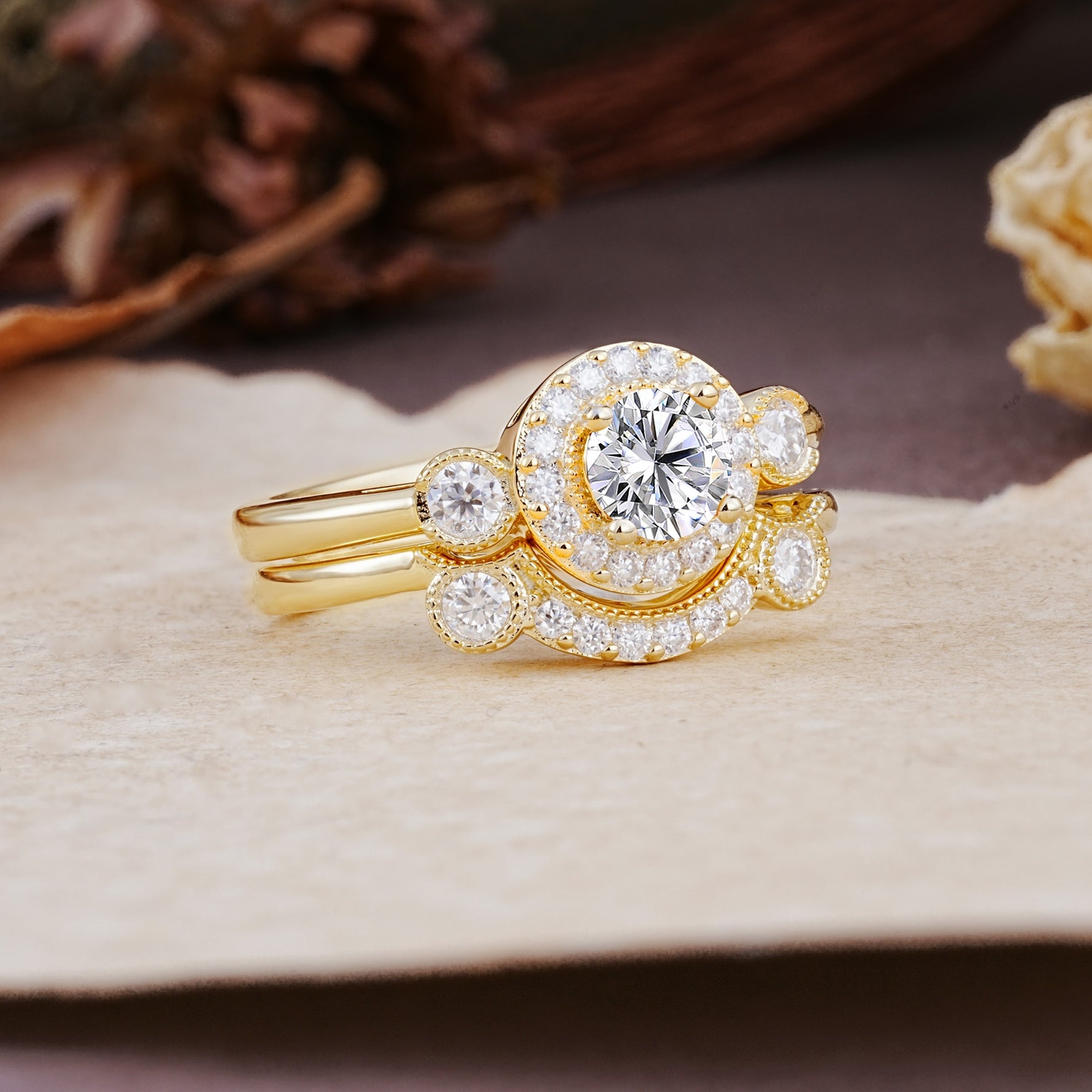 Classic Luxurious 4-Prong Round Cut Lab Diamond Wedding Bride Ring Set - Additional view