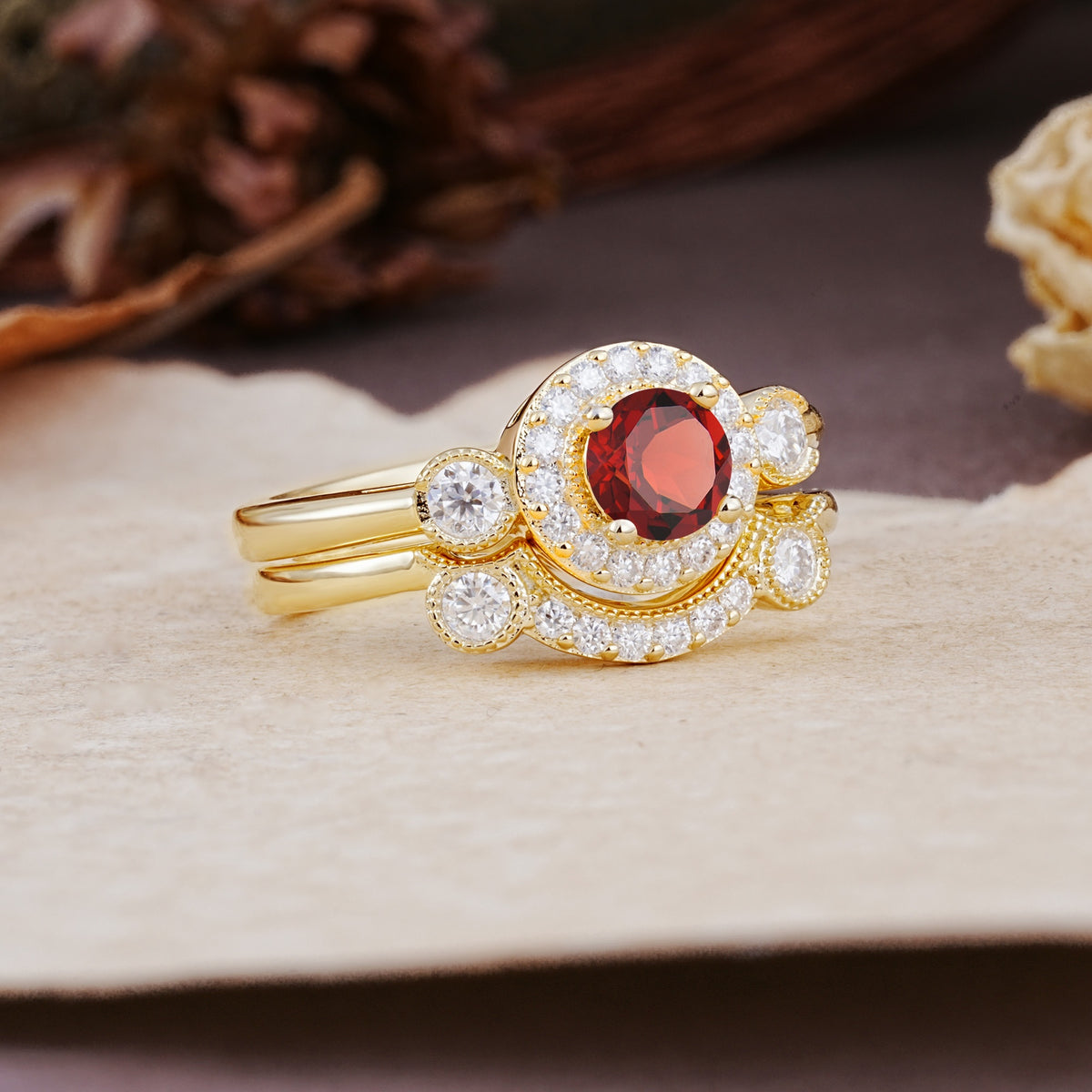 Classic Luxurious 4-Prong Round Cut Garnet Wedding Bride Ring Set - Additional view