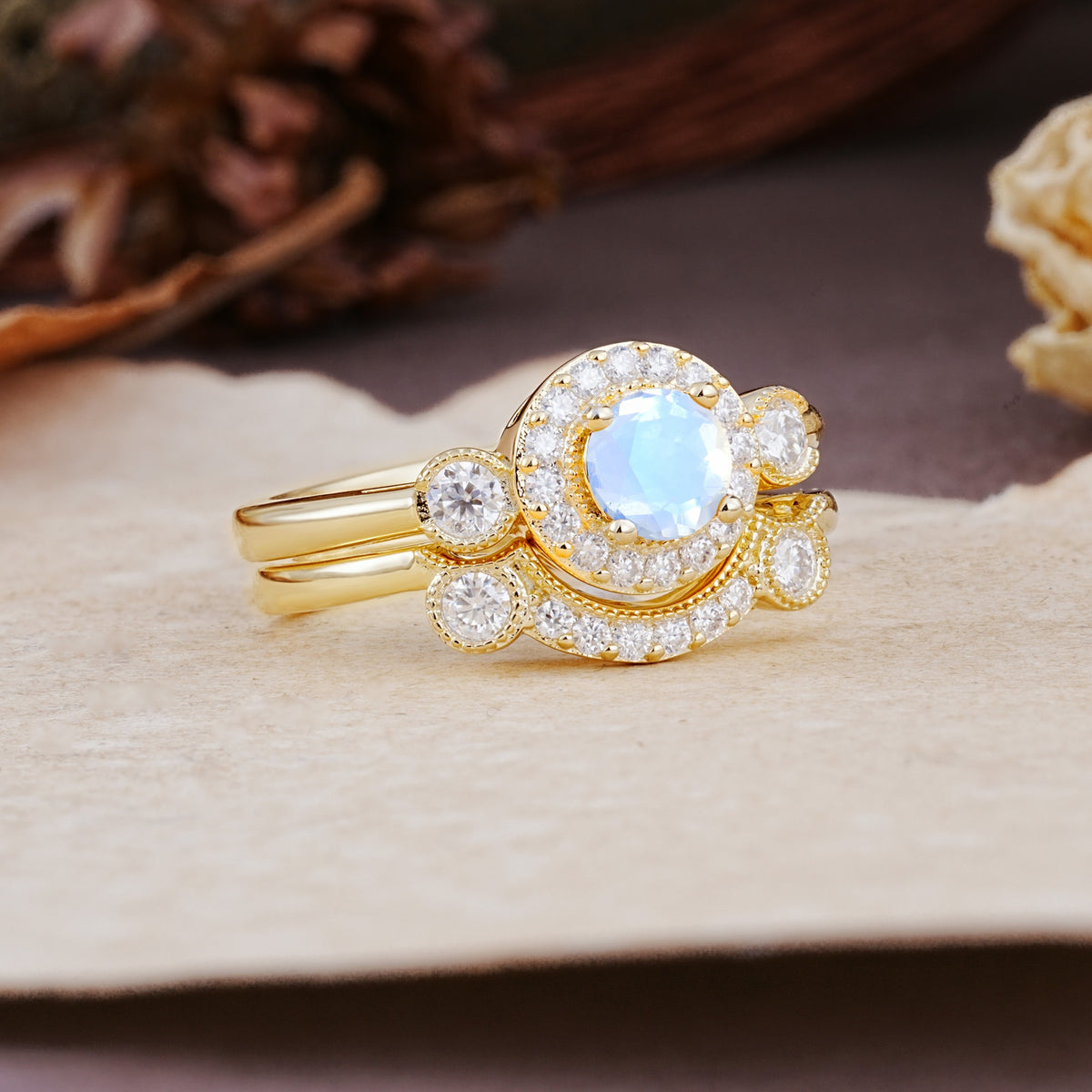 Classic Luxurious 4-Prong Round Cut Moonstone Wedding Bride Ring Set - Additional view