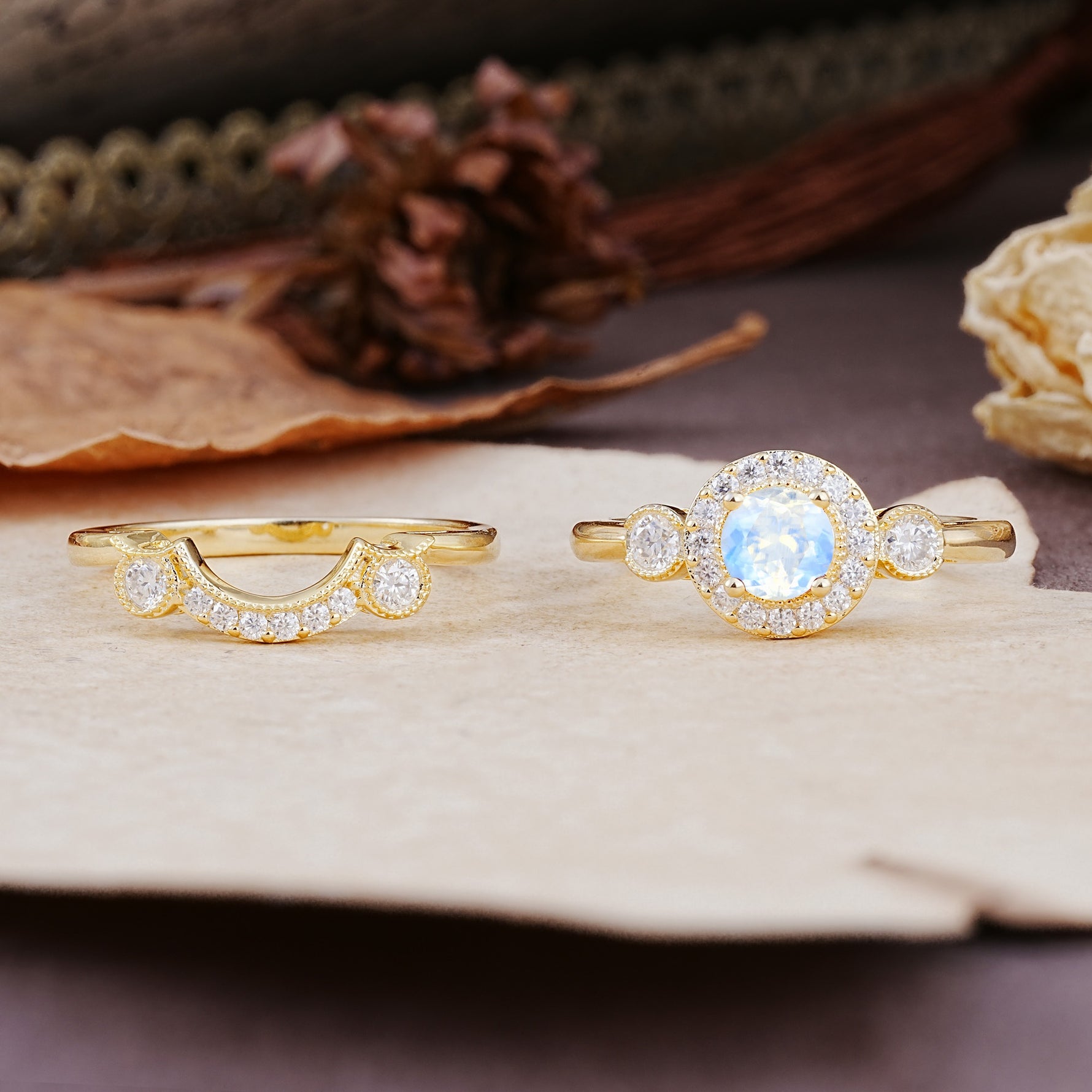 Classic Luxurious 4-Prong Round Cut Moonstone Wedding Bride Ring Set - Additional view