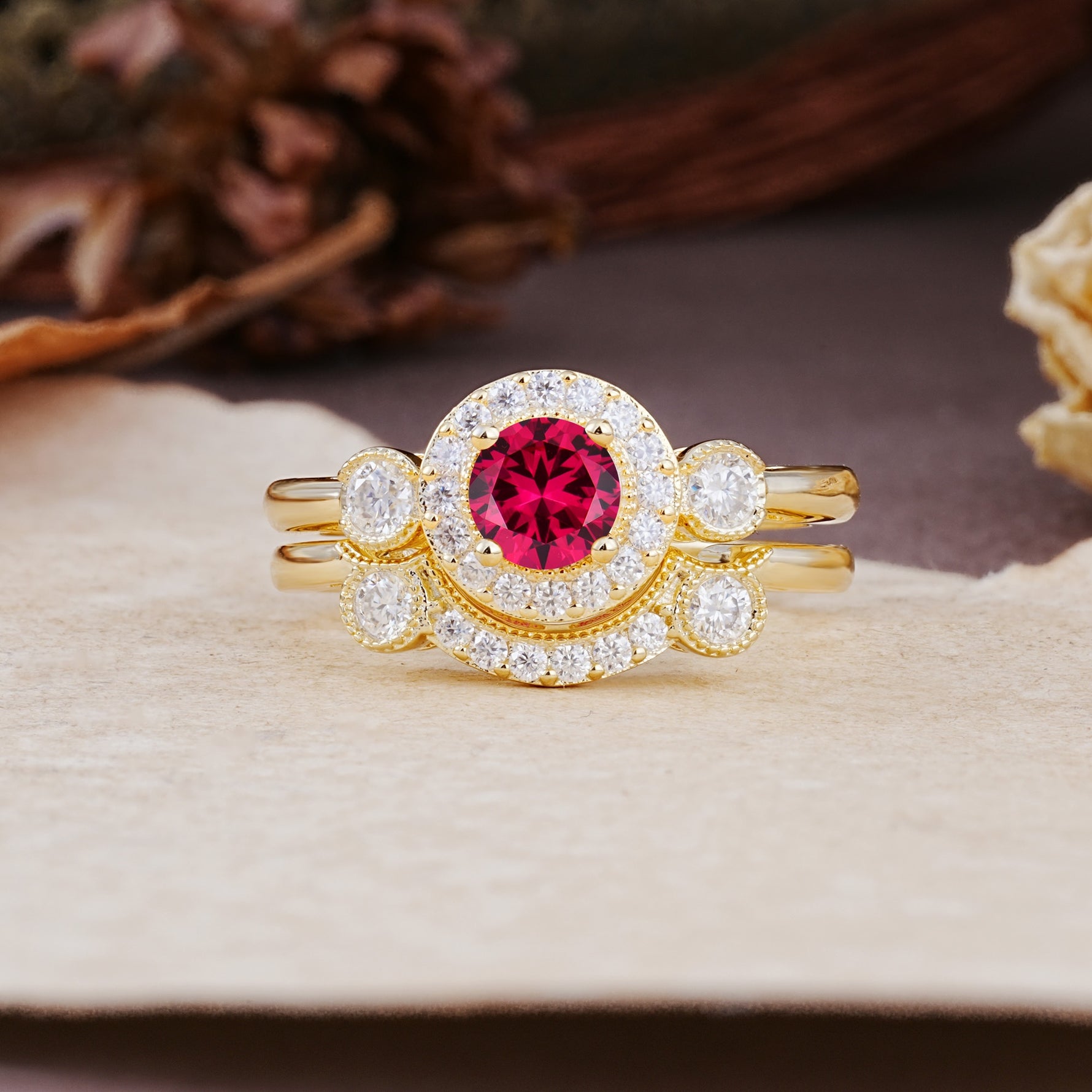 Classic Luxurious 4-Prong Round Cut Ruby Wedding Bride Ring Set - Additional view