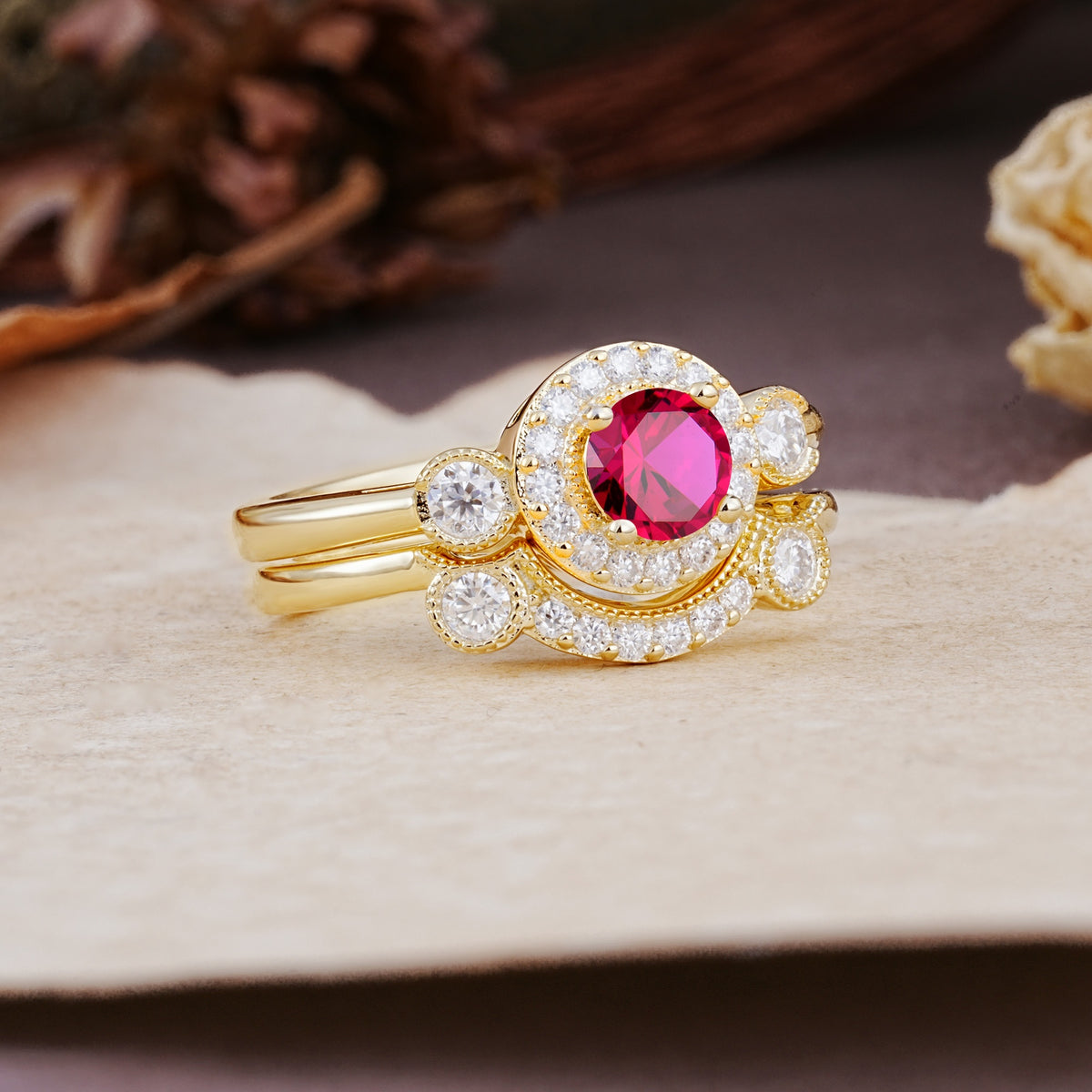 Classic Luxurious 4-Prong Round Cut Ruby Wedding Bride Ring Set - Additional view