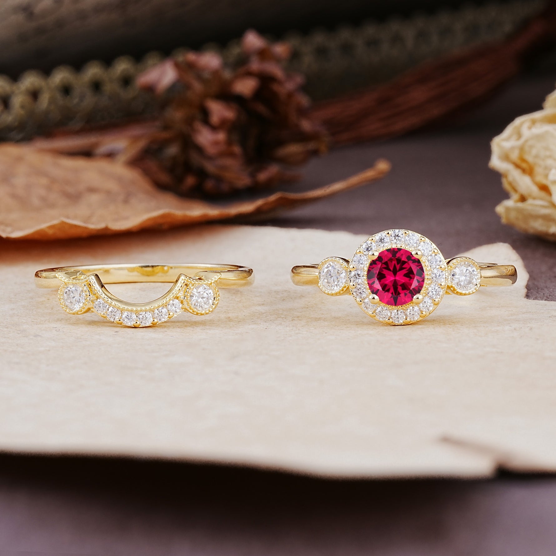 Classic Luxurious 4-Prong Round Cut Ruby Wedding Bride Ring Set - Additional view